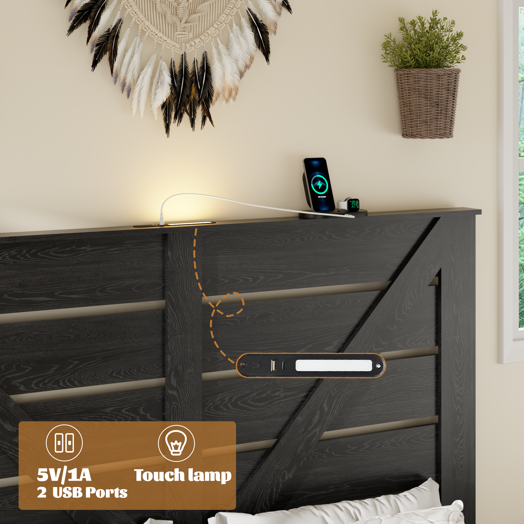 PAPROOS Queen Bed Frame with Headboard, Farmhouse Queen Bed with Charging Station and Touch Lamp, Wood Platform Bed with Metal Slats, No Box Spring Needed, Noise Free
