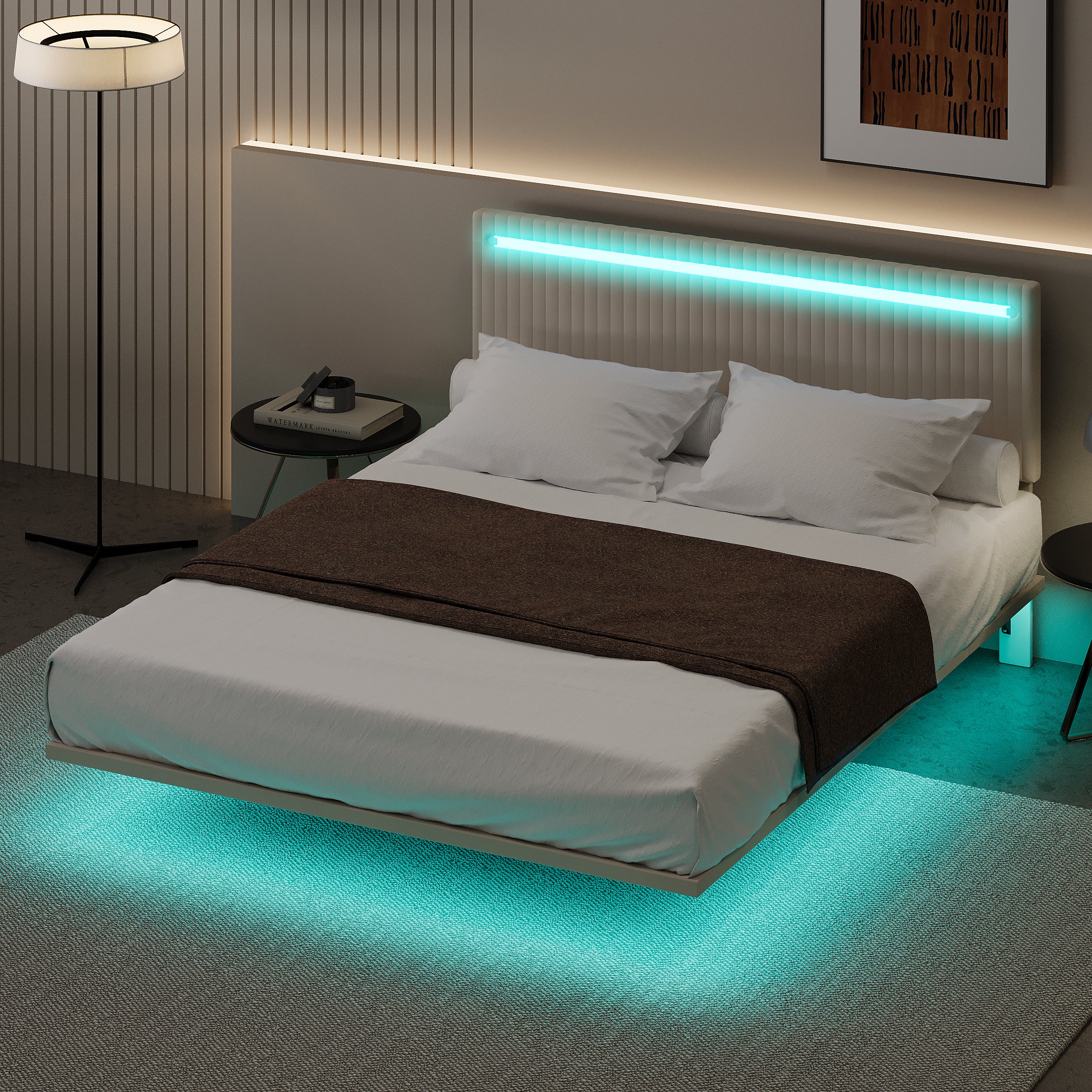 PAPROOS Full Floating Bed Frame, Upholstered Velvet Platform Bed Frame with Adjustable Headboard, RGB LED Lights, Modern Full Size Bed Frame with Underbed Sensor Lights, No Box Spring Needed, Beige