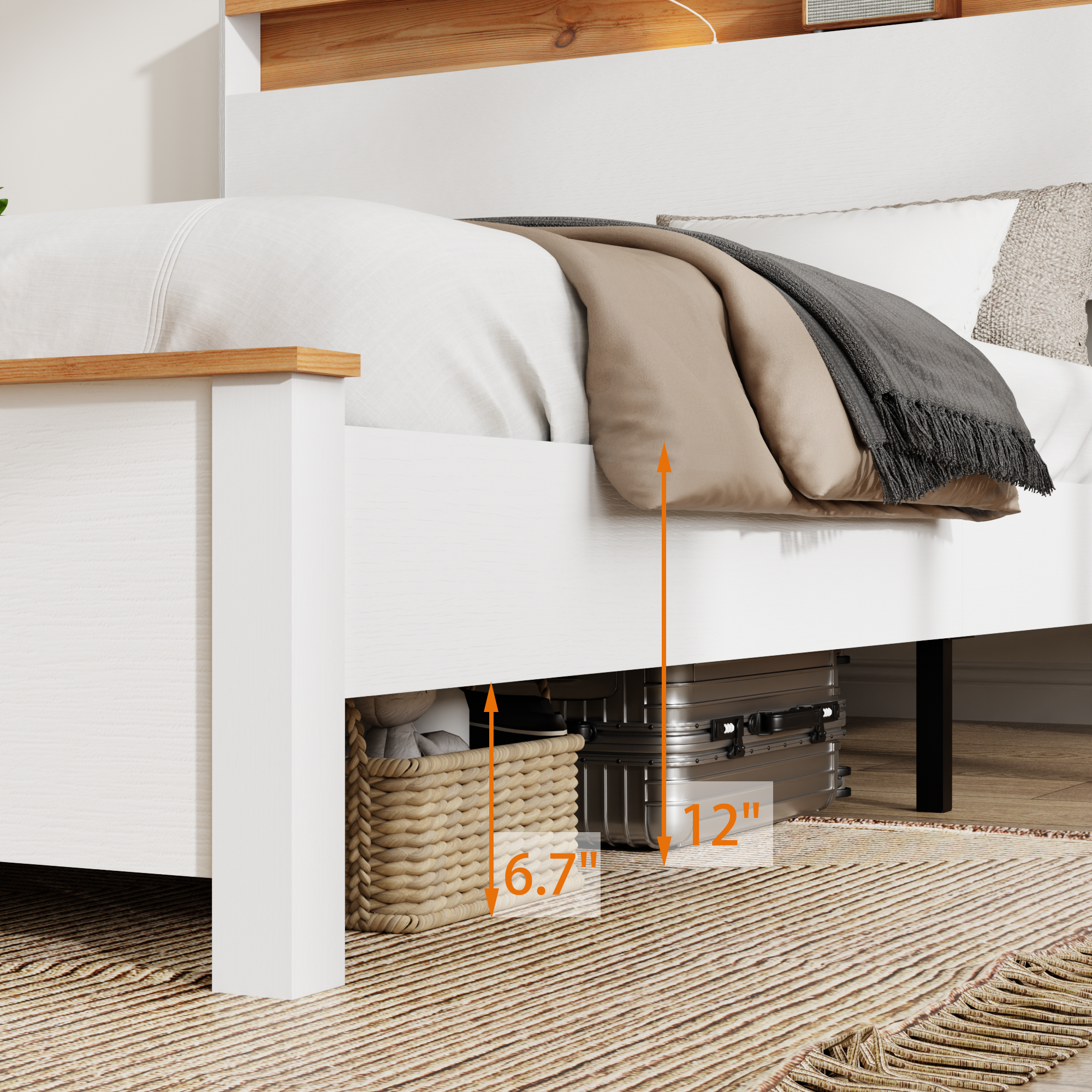 PAPROOS Queen Size Bed Frame, Wood Platform Bed Frame with Storage Headboard and Charging Station, Farmhouse Bed Frame with LED Light, Metal Slat Support, Holds 800 lb, No Box Spring Needed, White