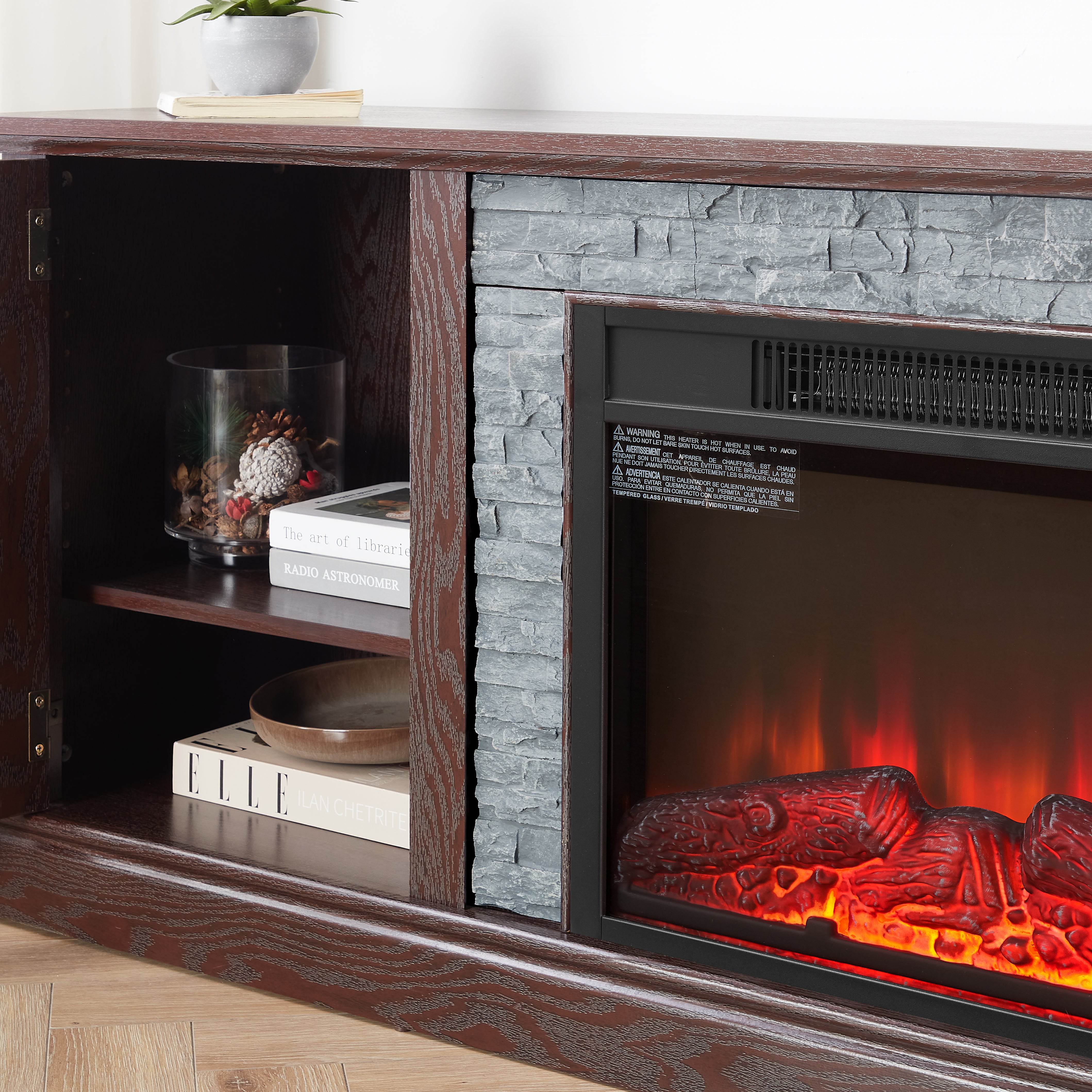 PAPROOS 70" Fireplace TV Stand for TVs up to 75", Farmhouse Entertainment Center with 23" Electric Fireplace, Faux Stone Media Console with Glass Doors and Adjustable Shelves, Cherry