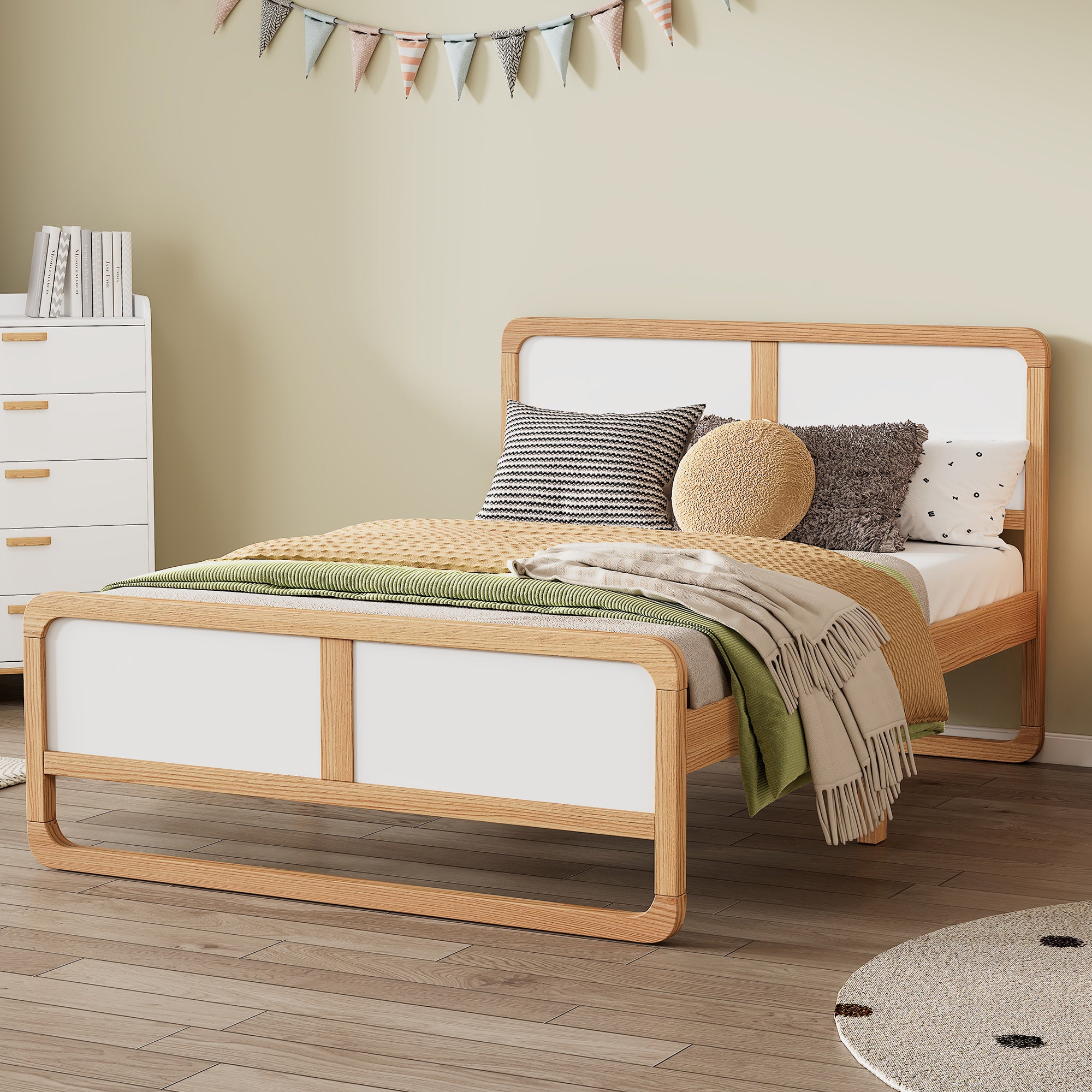 PAPROOS Queen Platform Bed Frame, Solid Wood Bed Frame with Headboard, Modern Queen Size Bed with Slats, No Box Spring Needed, White/Walnut