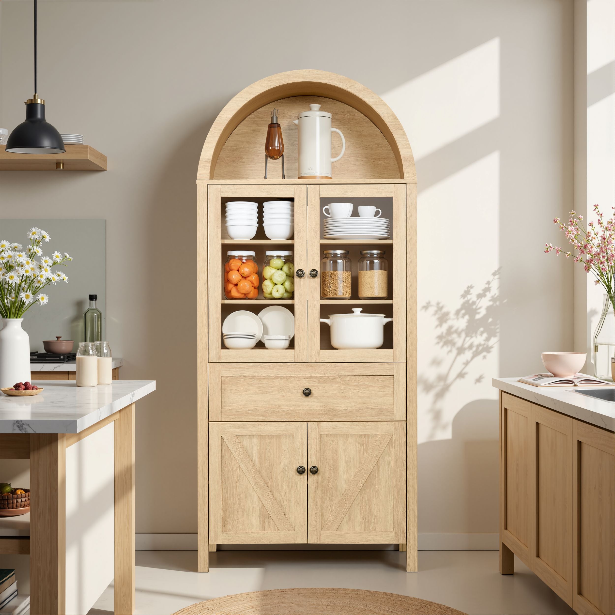PAPROOS 71'' Arched Pantry Storage Cabinet, Kitchen Pantry Cabinet with Drawers and Doors, Adjustable Shelves, Display Cabinet for Dining Room Living Room,