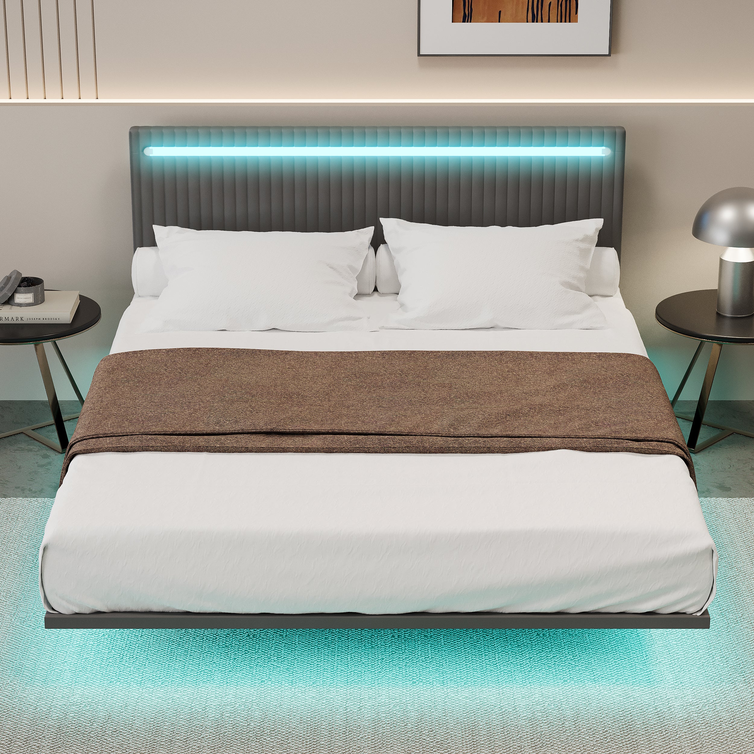 PAPROOS Full Floating Bed Frame, Upholstered Velvet Platform Bed Frame with Adjustable Headboard, RGB LED Lights, Modern Full Size Bed Frame with Underbed Sensor Lights, No Box Spring Needed, Beige