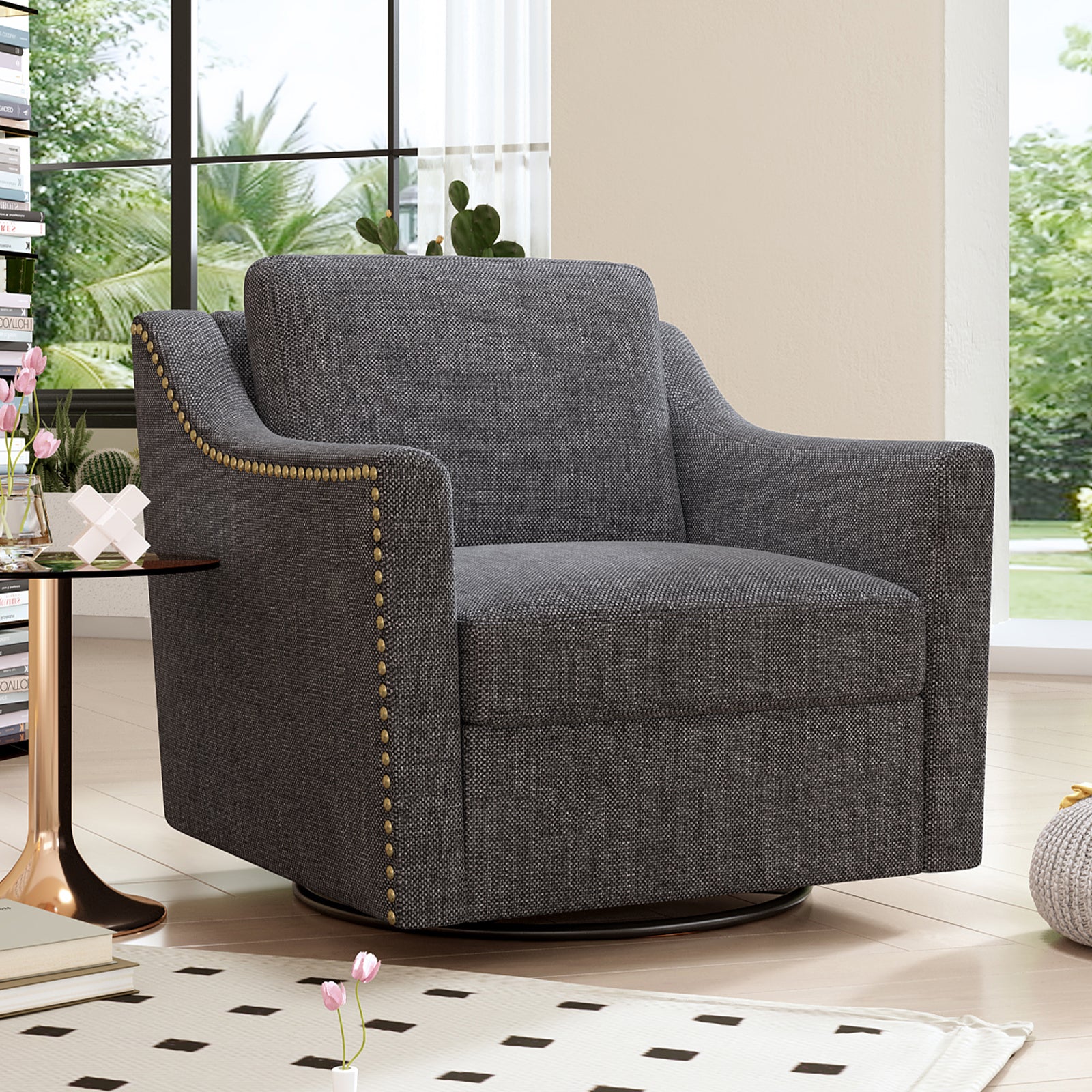 Swivel Accent Chair, Paproos Linen Upholstered Armchair, 31’’Wide 360 Degree Swivel Acccent Chair with Cushions & Nailhead Trim , Swivel Reading Chair Comfy Club Sofa Chair for Living Room Bedroom, Beige