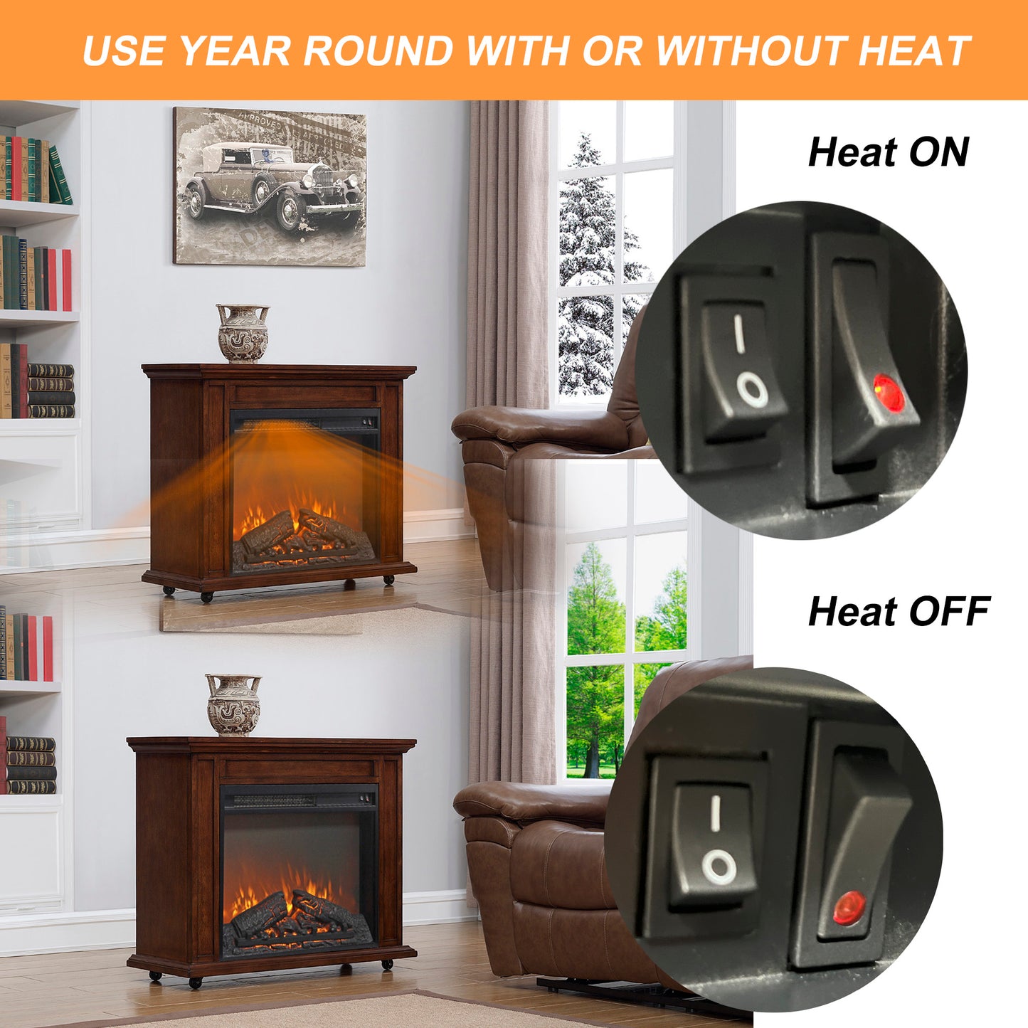 23 Inch Electric Fireplace Insert Heater, PAPROOS Freestanding & Recessed Fireplace Heater with Log Set, Realistic Flame, Electric Fireplace without Control, 1400W, Antique Black