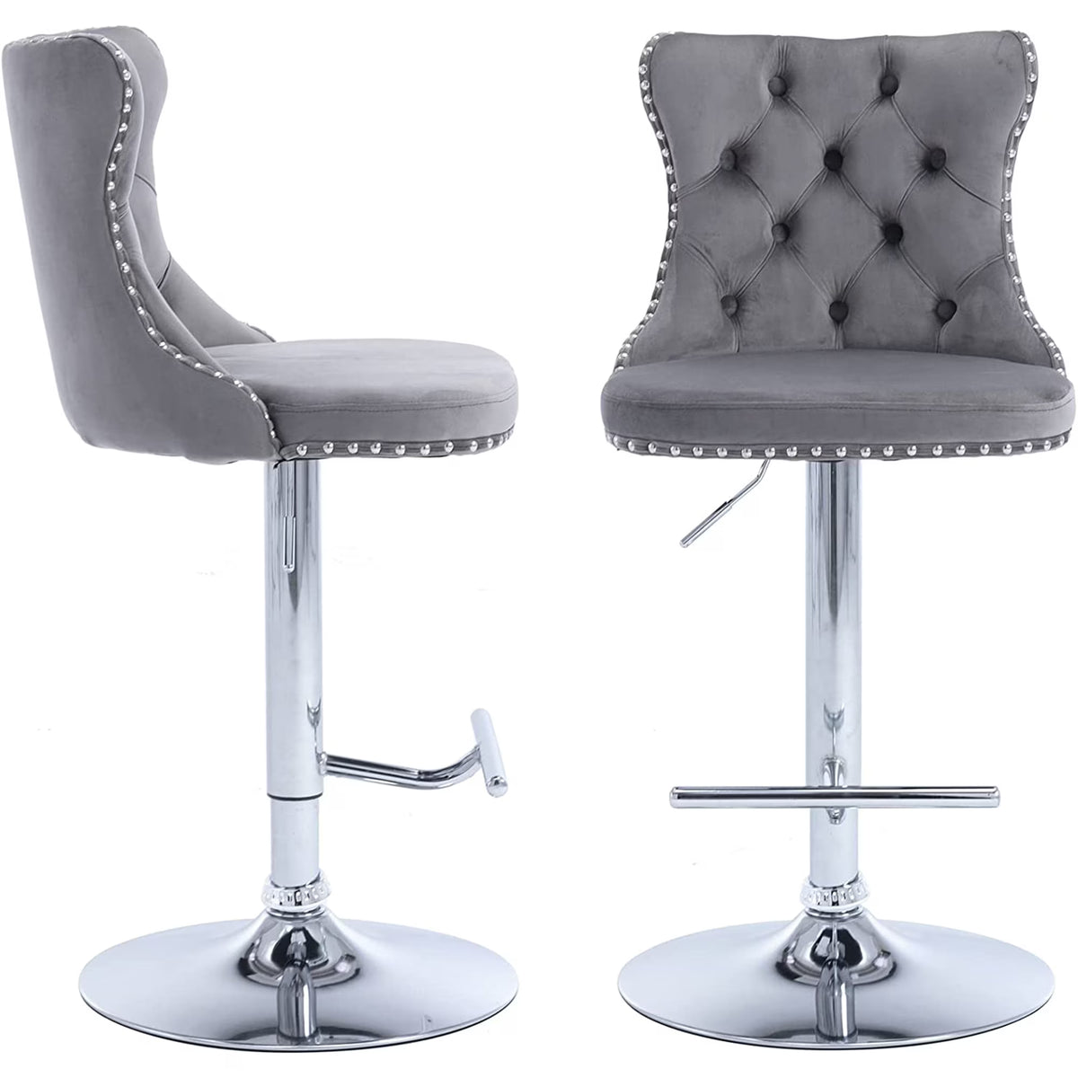 Swivel Bar Stools Set of 2, PAPROOS Adjustable Height Counter Height Bar Stools with Back, Velvet Dining Chair with Button Tufted & Nail Trim, Kitchen Chair for Kitchen Island Pub
