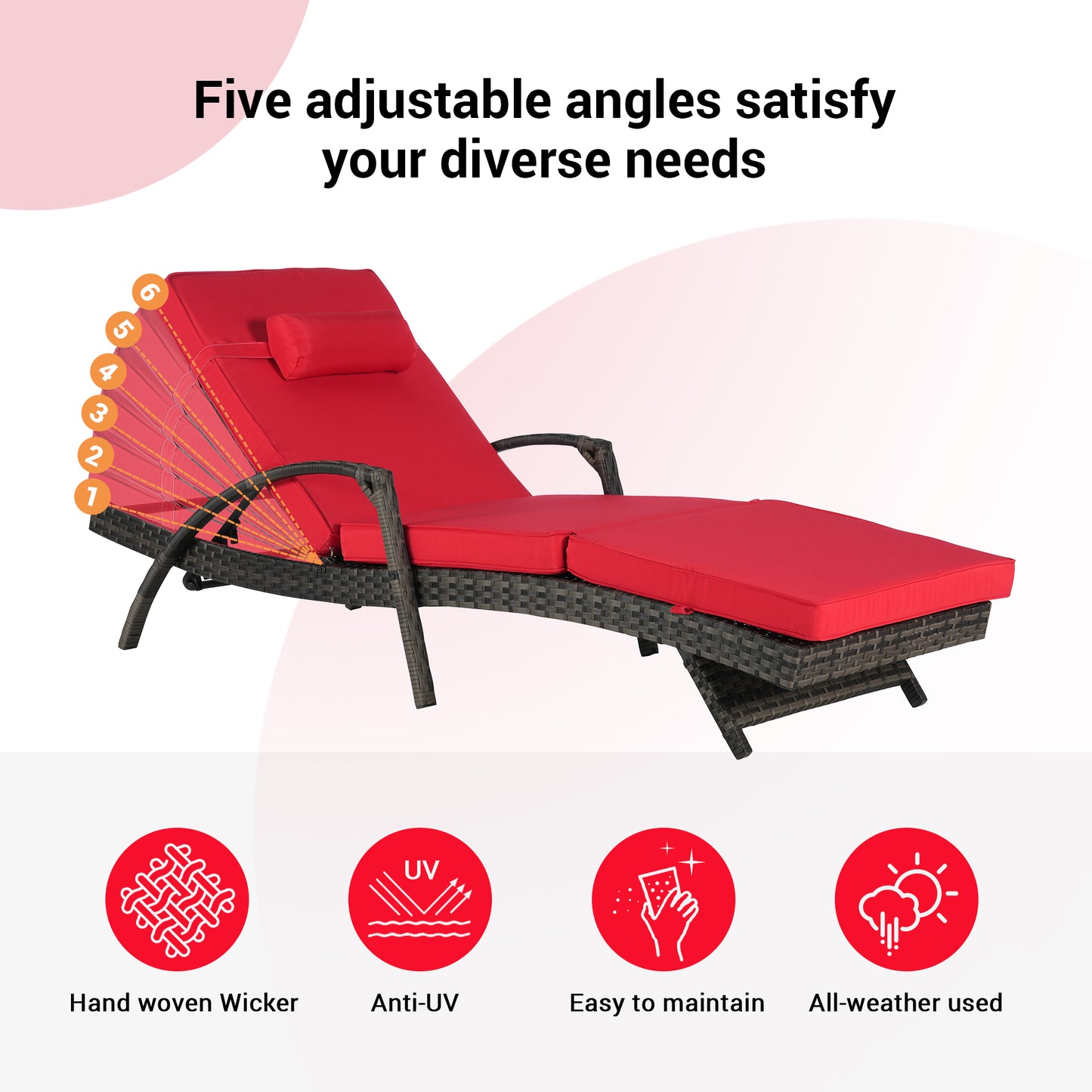 Outdoor Chaise Lounge Chair Set of 2, Rattan Patio Chaise Lounge Chair with Cushion and Arms, Modern 5-Positions Adjustable Outdoor Lounger Recliner for Poolside, Garden, Backyard, Light Gray
