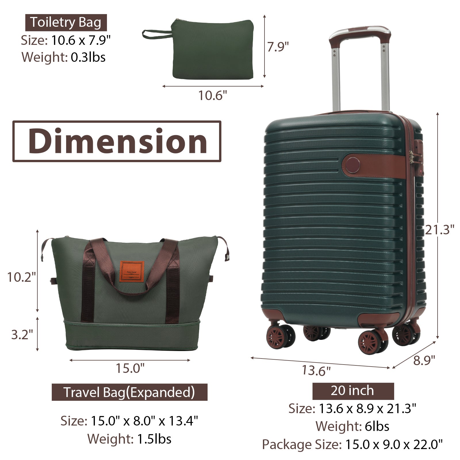 PAPROOS Luggage Sets, 3 Piece Carry on Luggage with Spinner Wheels and Bags, Lightweight Hardshell Suitcase Set with TAS Lock, ABS 20 inch Luggage for Travel,