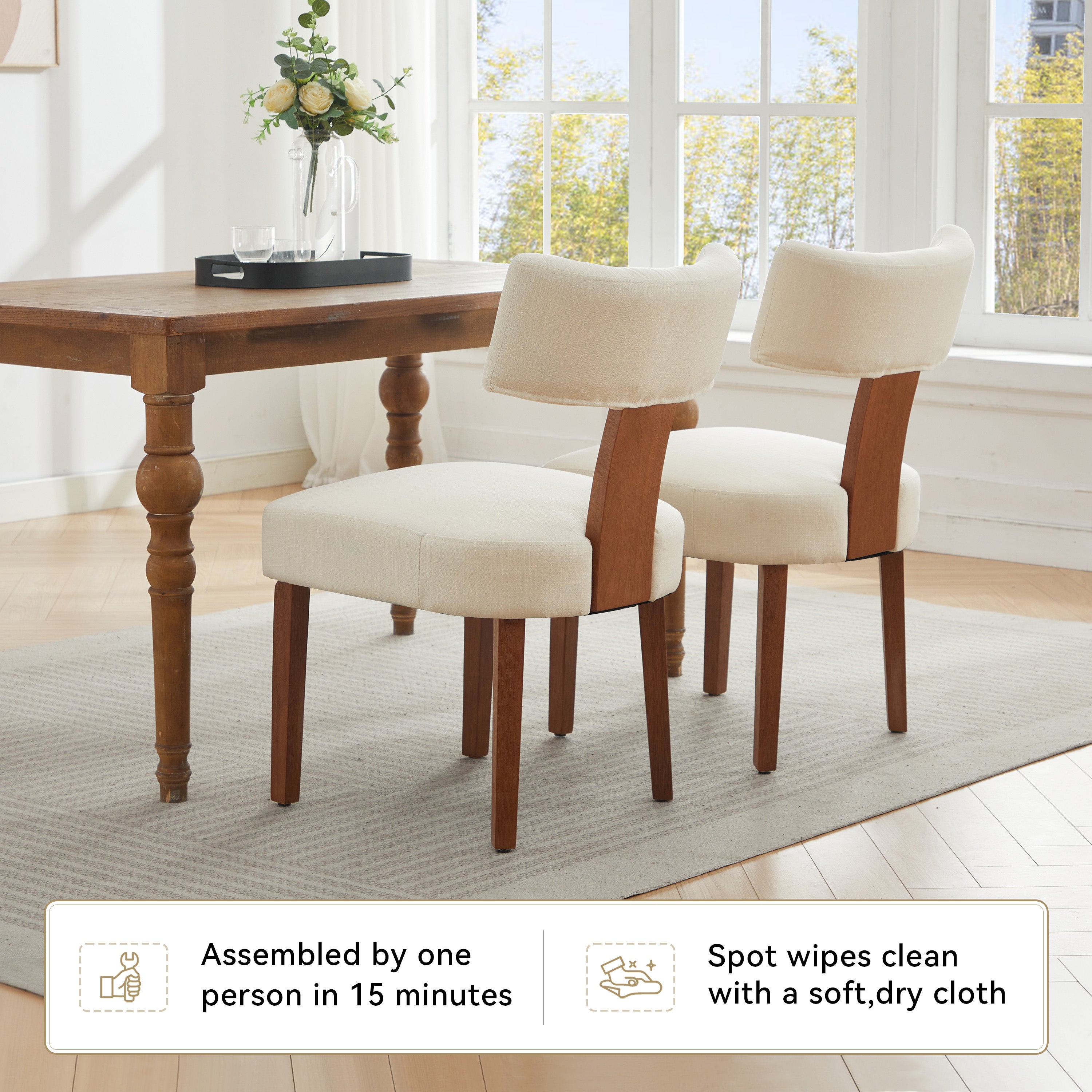 Dining Chairs Set of 2, Paproos Linen Upholstered Dining Chairs, Modern Accent Chair Side Chair with Curved Backrest and Adjustable Foot, Dining Room Chairs for Kitchen Dining Living Room