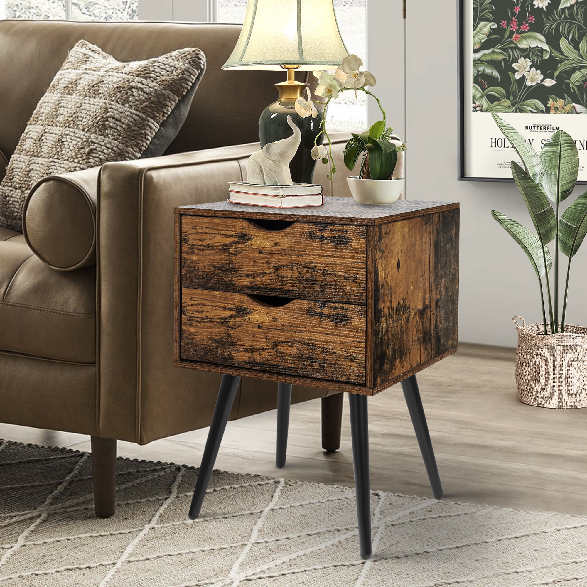 Nightstands Set of 2, Bedroom Bedside Table with 2 Drawers Storage, Country Style Night End Table with Large Storage Space, Suitable for Living Room Bedroom, Rustic Brown