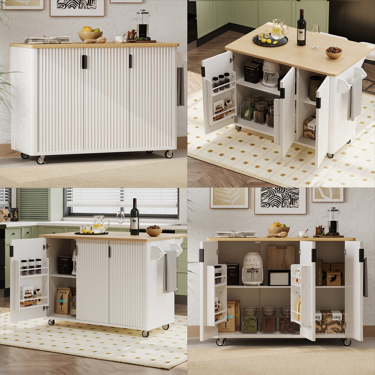 Kitchen Island with Storage, PAPROOS 51" Rolling Kitchen Cart with Drop Leaf & Solid Wood Top, Portable Kitchen Island with Spice Rack & Towel Bar for Kitchen Dining Room