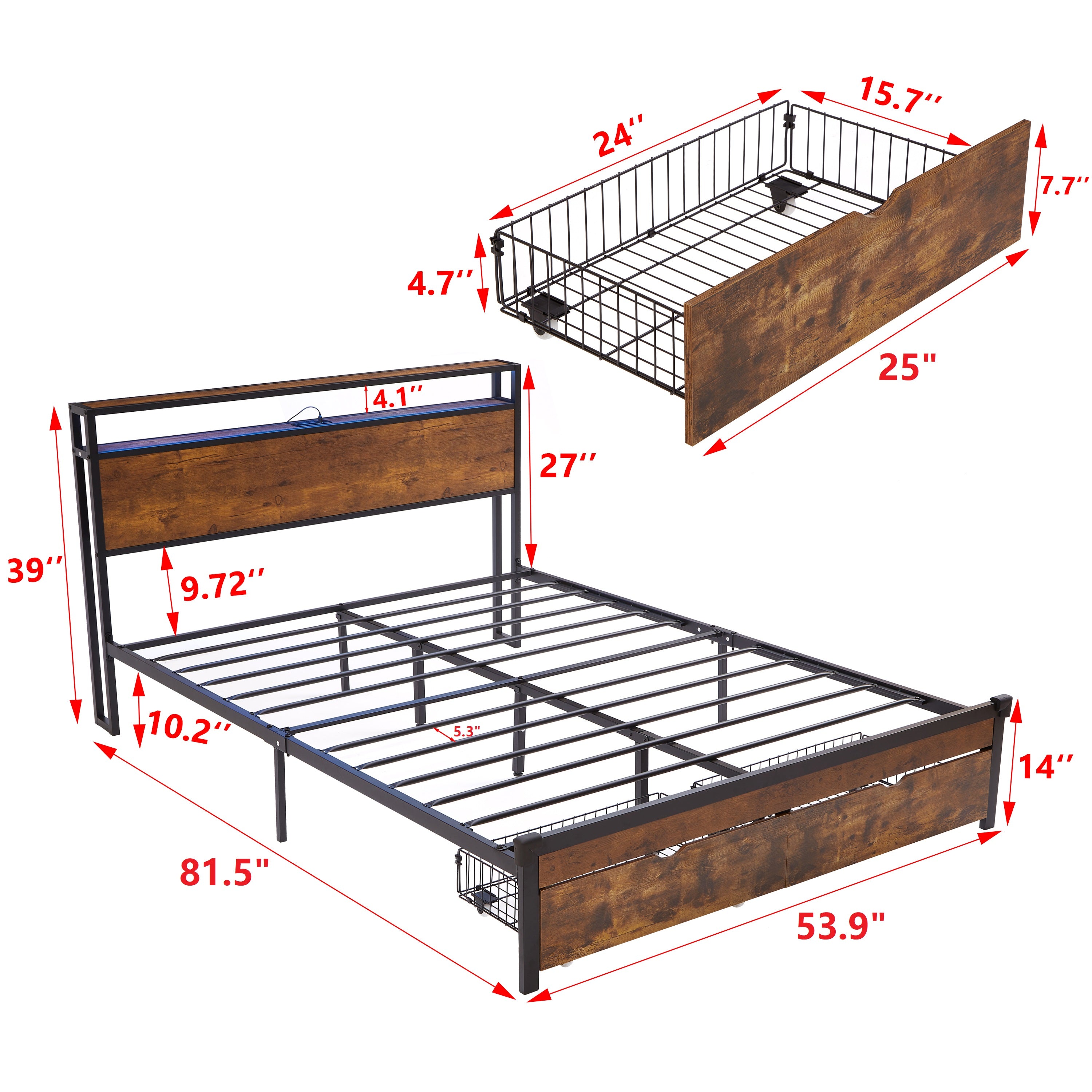 PAPROOS Full Size Bed Frame, Metal Platform Bed with Upholstered Storage Headboard, 2 drawers, Charging Station, Full Bed Frame with Metal Slats