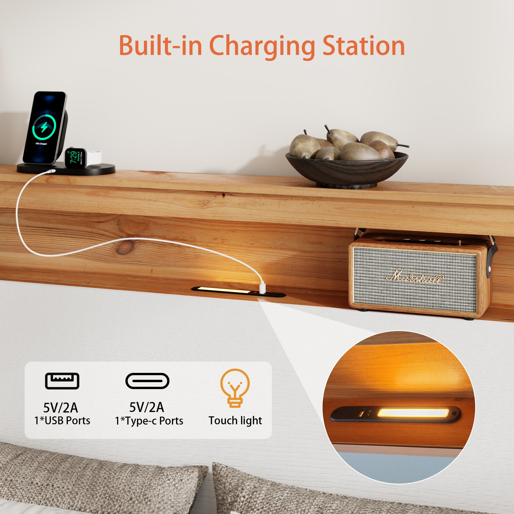 PAPROOS Queen Size Bed Frame, Wood Platform Bed Frame with Storage Headboard and Charging Station, Farmhouse Bed Frame with LED Light, Metal Slat Support, Holds 800 lb, No Box Spring Needed, White