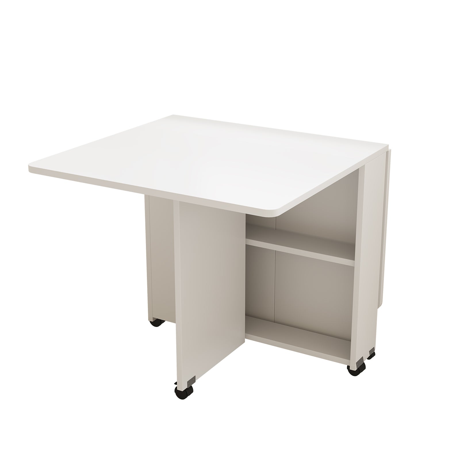 PAPROOS Folding Dining Table, 47'' Drop Leaf Dining Table with Storage Shelves & Wheels, Space Saving Kitchen Table with Marble-color, Expandable Dining Room Table, White