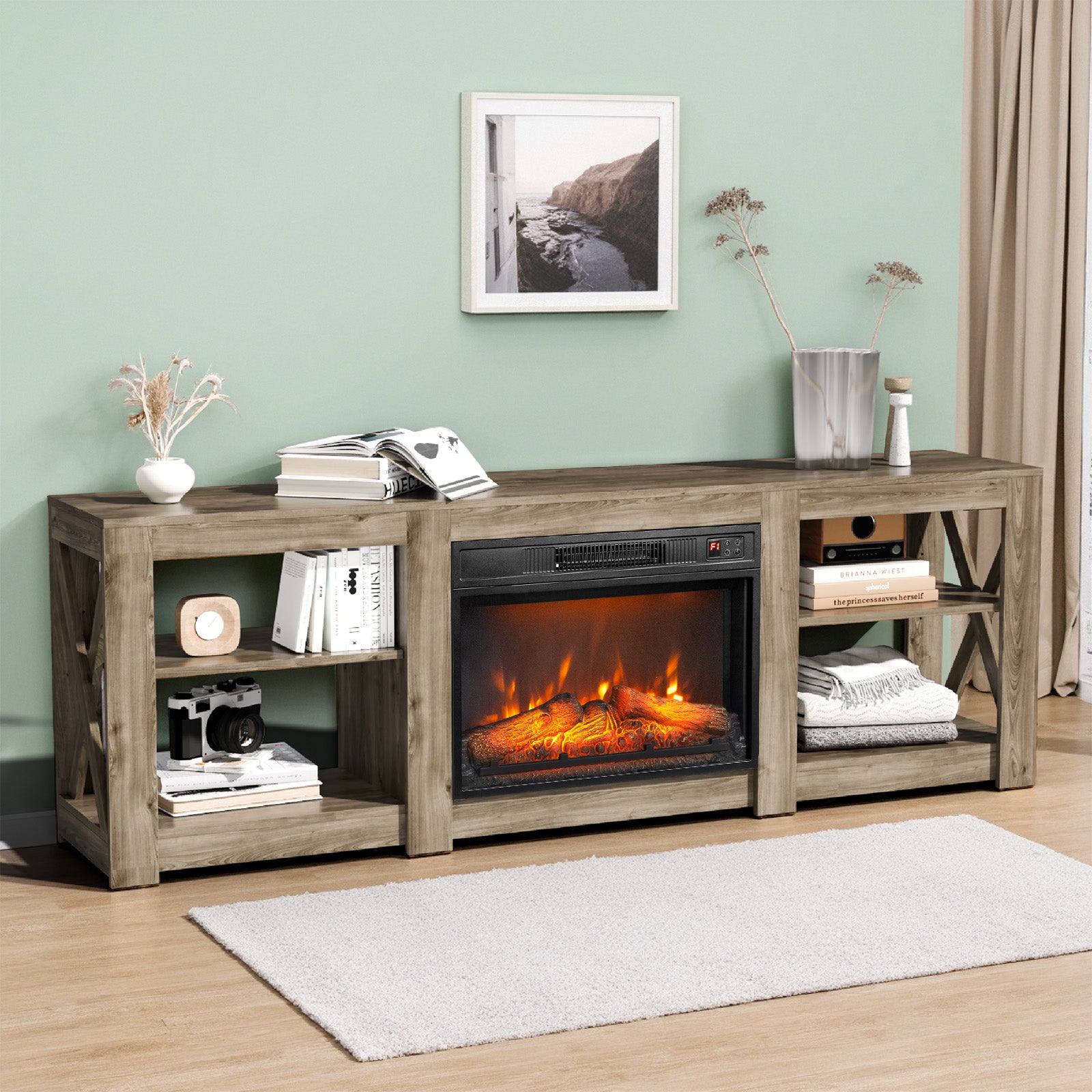 PAPROOS Fireplace TV Stand for 70 Inch TV, Farmhouse TV Stand with 24'' Electric Fireplace, Entertainment Center with Adjustable Shelves, TV Console Table Media Console for Living Room