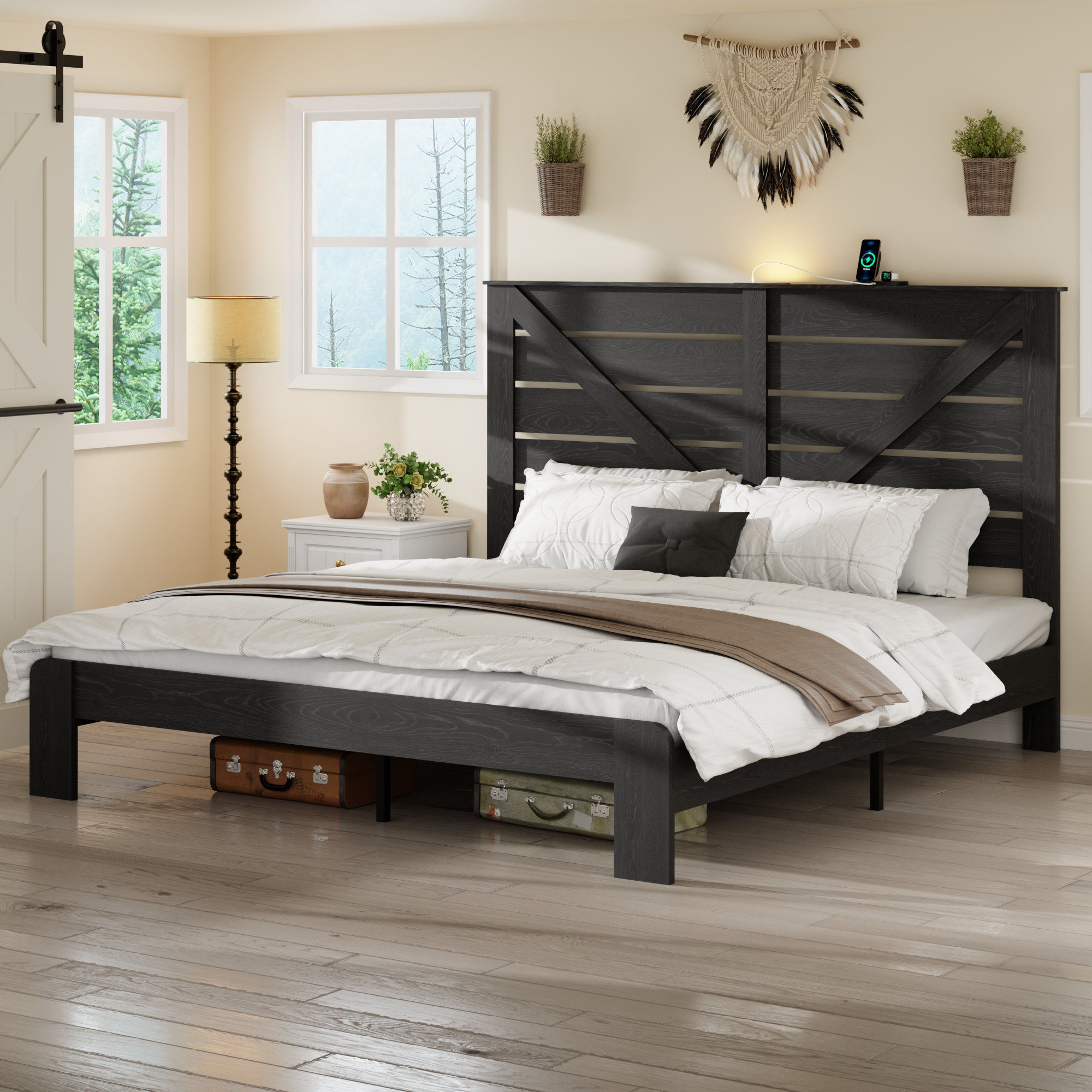 PAPROOS Queen Bed Frame with Headboard, Farmhouse Queen Bed with Charging Station and Touch Lamp, Wood Platform Bed with Metal Slats, No Box Spring Needed, Noise Free