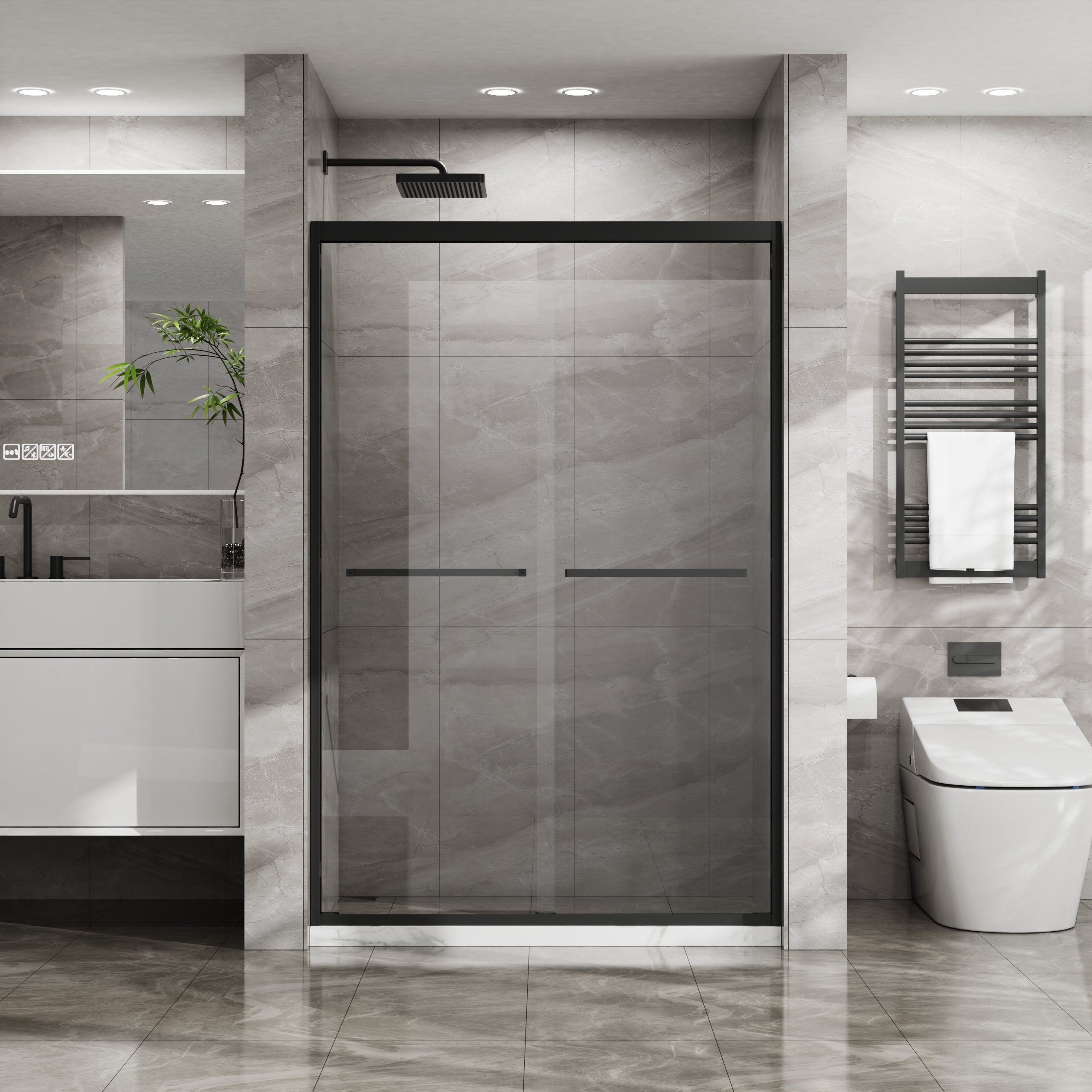 PAPROOS 56” - 60” W X 58” H Sliding Shower Door, 1/4" (6mm) Clear Tempered Glass Double Bathtub Door, Aluminum Frame, Modern Tub Door with Stainless Steel Handle, SGCC Certified, Matte Black
