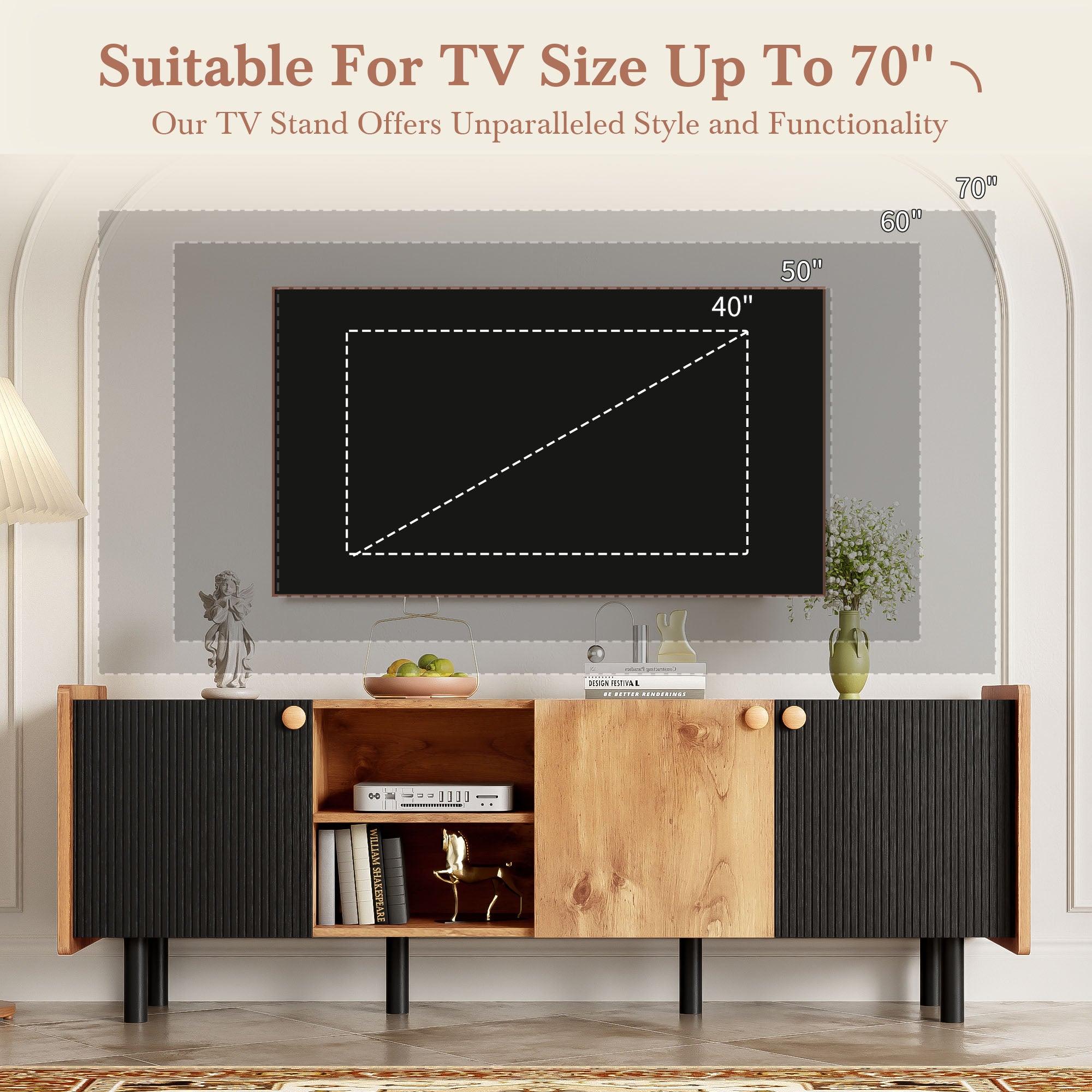 PAPROOS TV Stand for 70 inch tv, Mid Century Entertainment Center with Storage Cabinets, TV Cabinet with Open Shelves, Media Console Table with Doors for Living Room, Office