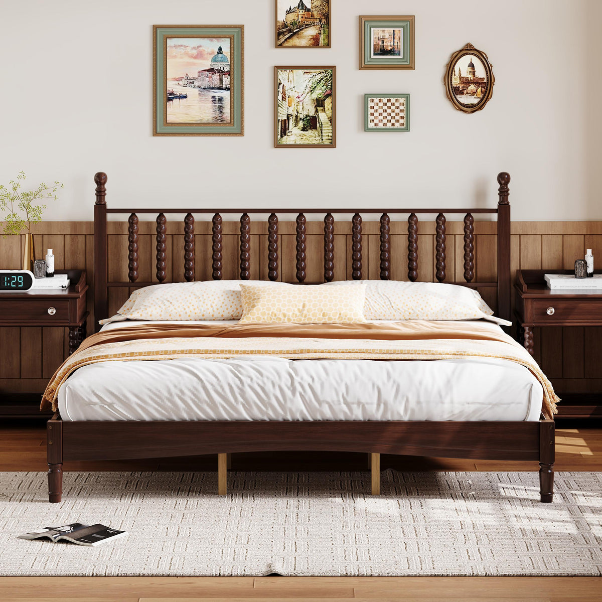 PAPROOS Queen Bed Frame with Spindle Headboard
