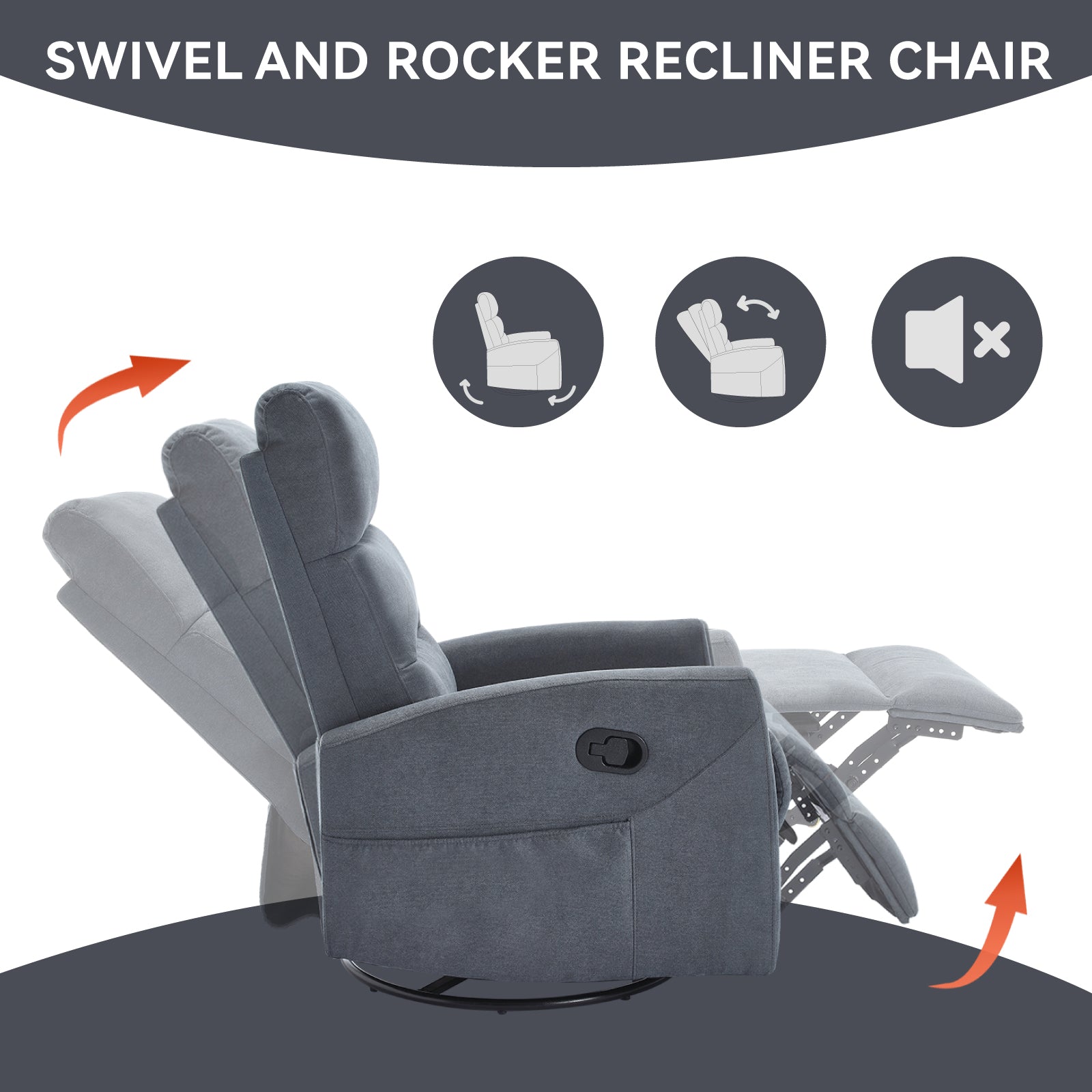 PAPROOS Swivel Rocker Recliner, Fabric 360° Swivel Rocking Recliner with 2 Side Pockets, Glider Rocking Chair for Baby Nursery, Manual Recliner for Adults for Home Theater Living Room