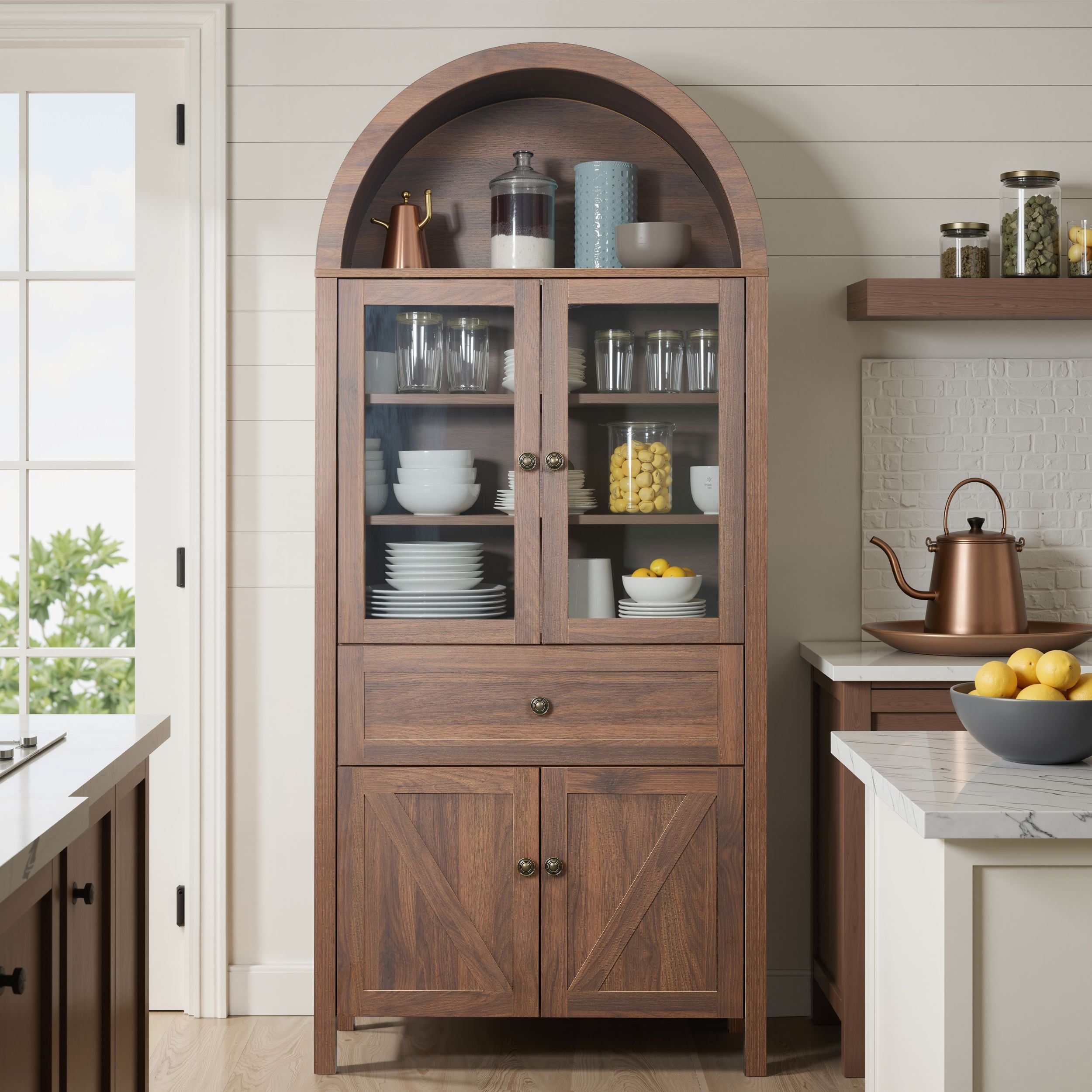 PAPROOS 71'' Arched Pantry Storage Cabinet, Kitchen Pantry Cabinet with Drawers and Doors, Adjustable Shelves, Display Cabinet for Dining Room Living Room,