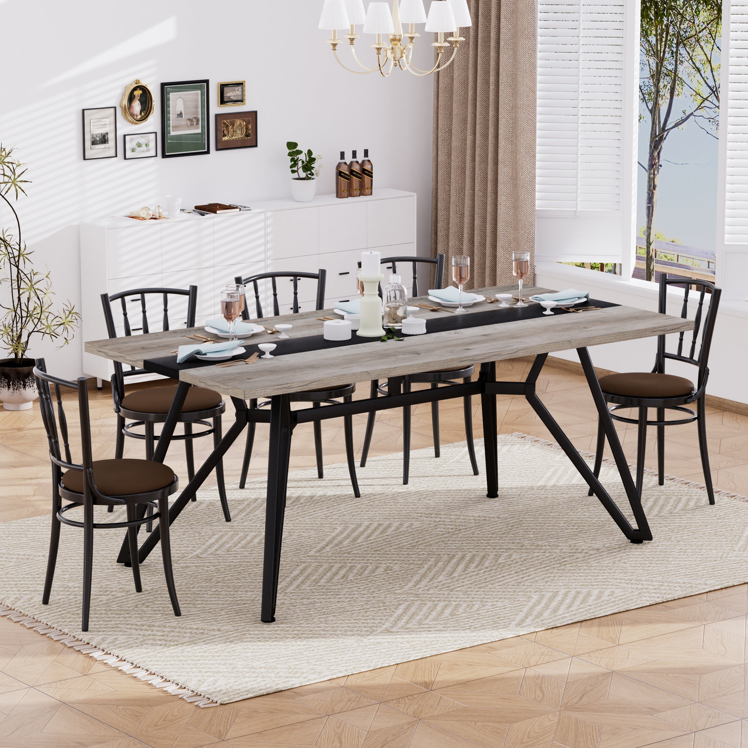 PAPROOS 71" Dining Table for 6-8 People, Rectangle Faux Marble Kitchen Table, Dining Room Table with Adjustable Metal Legs, for Kitchen Dining Room, Gathering, White+Black (Only Table)