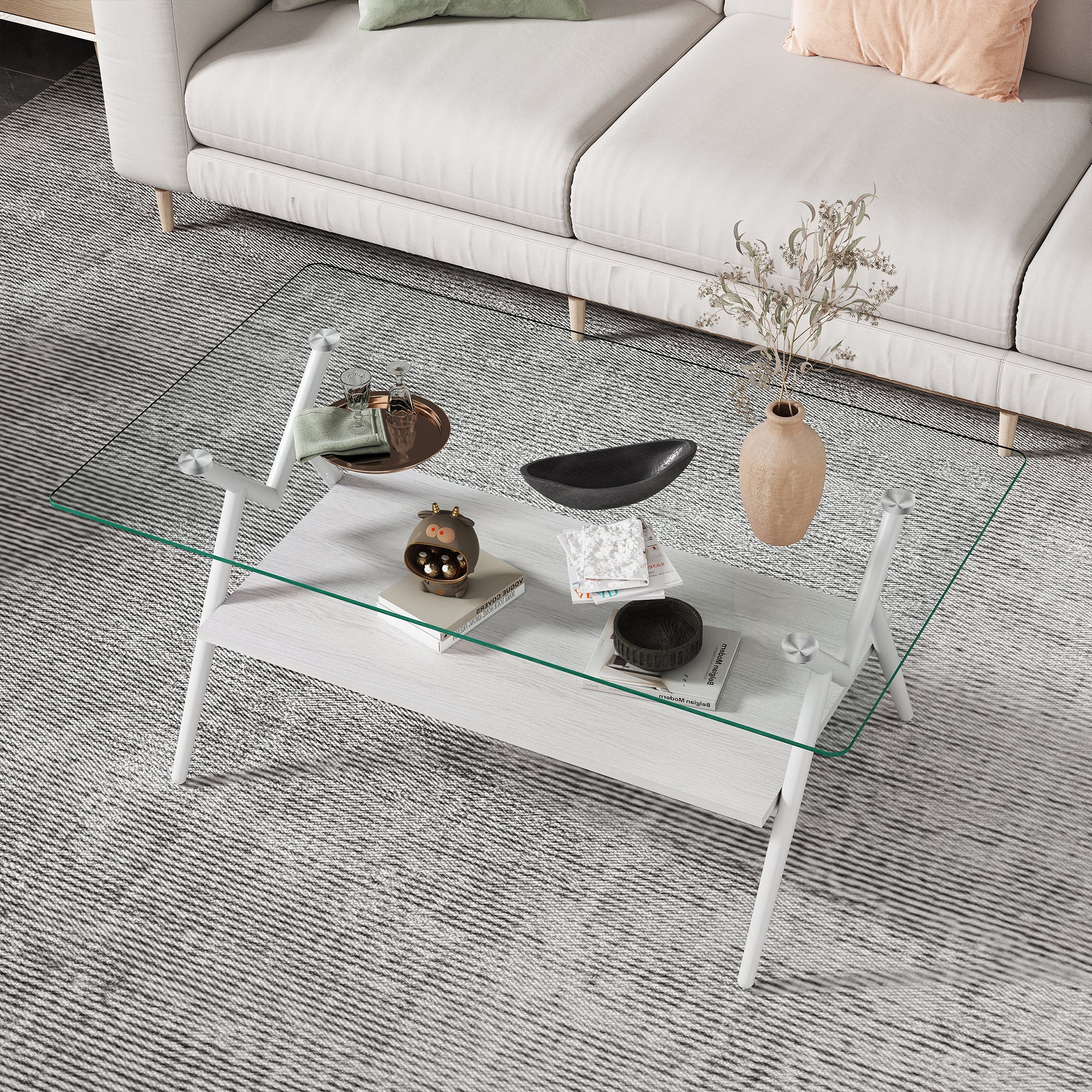 38’’ Glass Coffee Table, Paproos Rectangle Coffee Table with Storage, Modern Small Coffee Table with Metal Legs, Center Table Tea Table for Living Room, Brown & Black