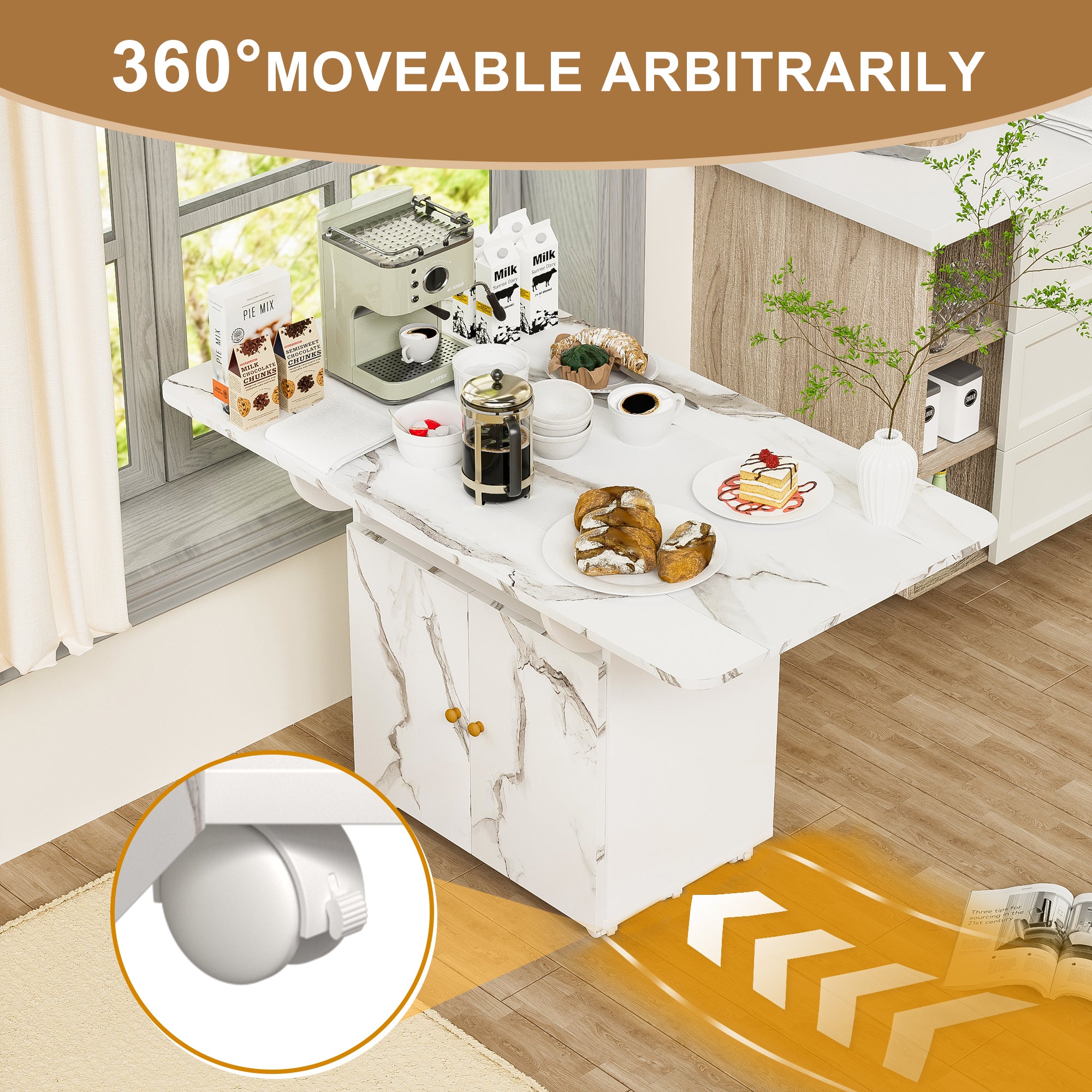 PAPROOS Folding Dining Table, 47'' Expandable Dining Table with Storage Racks & Storage Shelves & Wheels, Drop Leaf Kitchen Table with Marble-color, Space Saving Dining Room Table, White