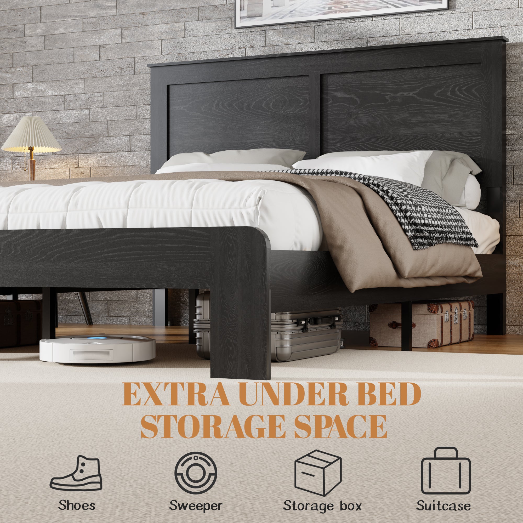 PAPROOS Queen Size Bed Frame, Wooden Queen Bed with Headboard, Modern Farmhouse Platform Bed with Underbed Storage, Queen Wooden Bed Frame, No Box Spring Needed, Black（Mattress Not Included)