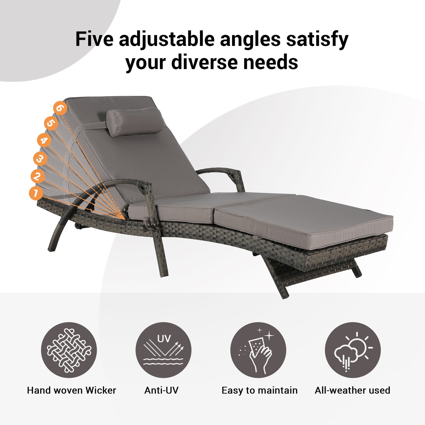 Outdoor Chaise Lounge Chair Set of 2, Rattan Patio Chaise Lounge Chair with Cushion and Arms, Modern 5-Positions Adjustable Outdoor Lounger Recliner for Poolside, Garden, Backyard, Light Gray