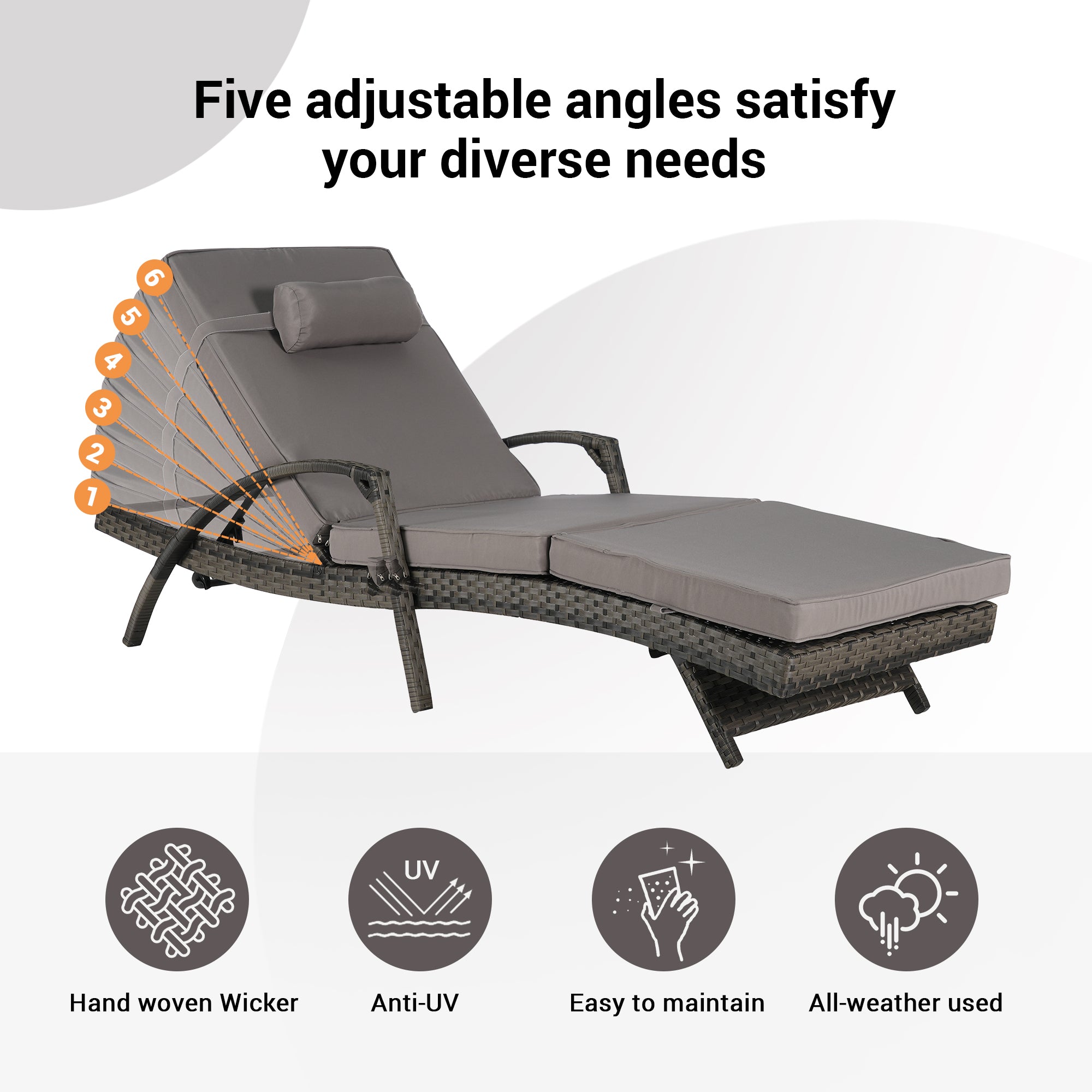 Outdoor Chaise Lounge Chair Set of 2, Rattan Patio Chaise Lounge Chair with Cushion and Arms, Modern 5-Positions Adjustable Outdoor Lounger Recliner for Poolside, Garden, Backyard, Light Gray