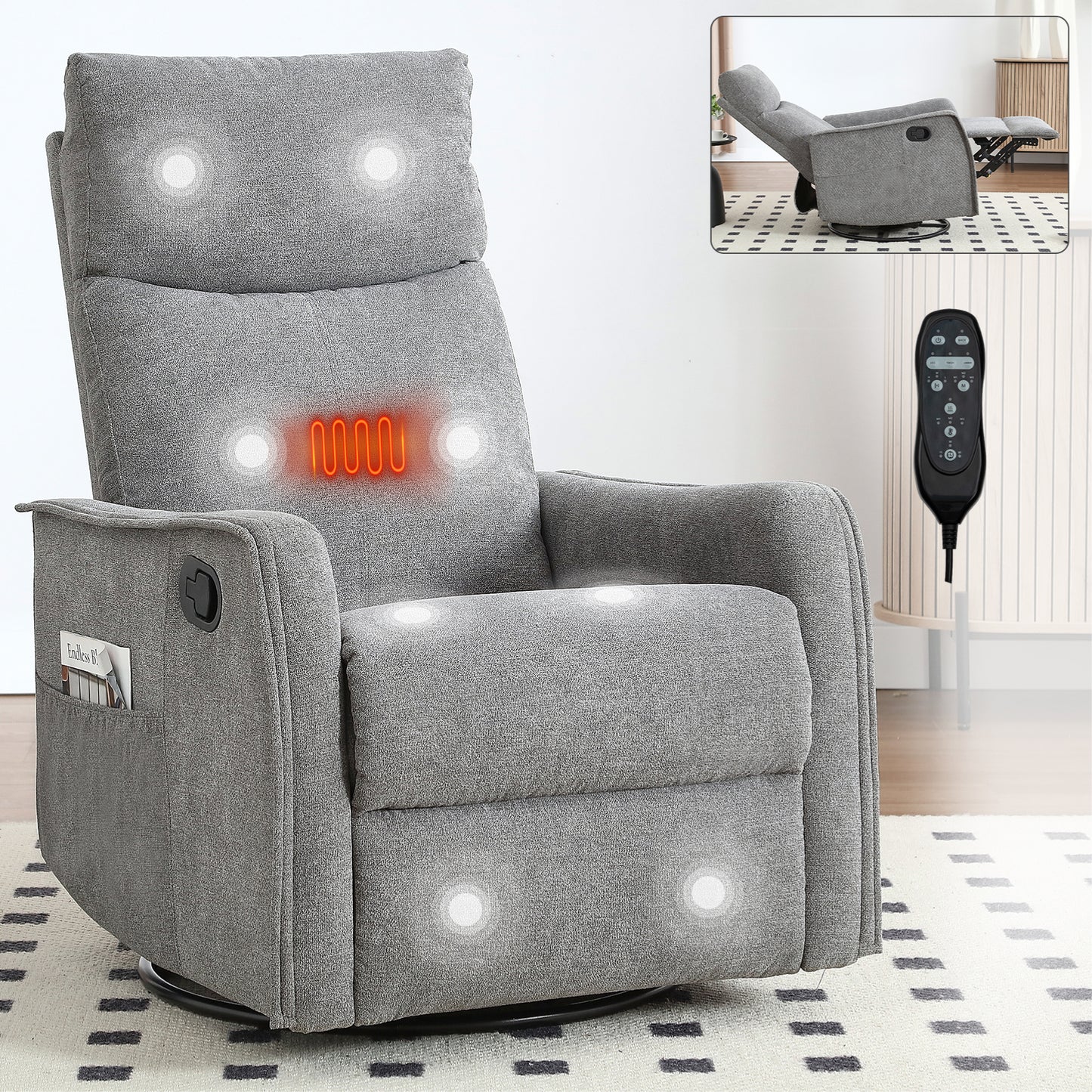 PAPROOS Heat Massage Recliner Chair, 360°Swivel Rocker Recliner Chair, Home Theater Recliner with 2 Side Pockets, Push Back Recliner, Nursery Chair for Bedroom, Living Room