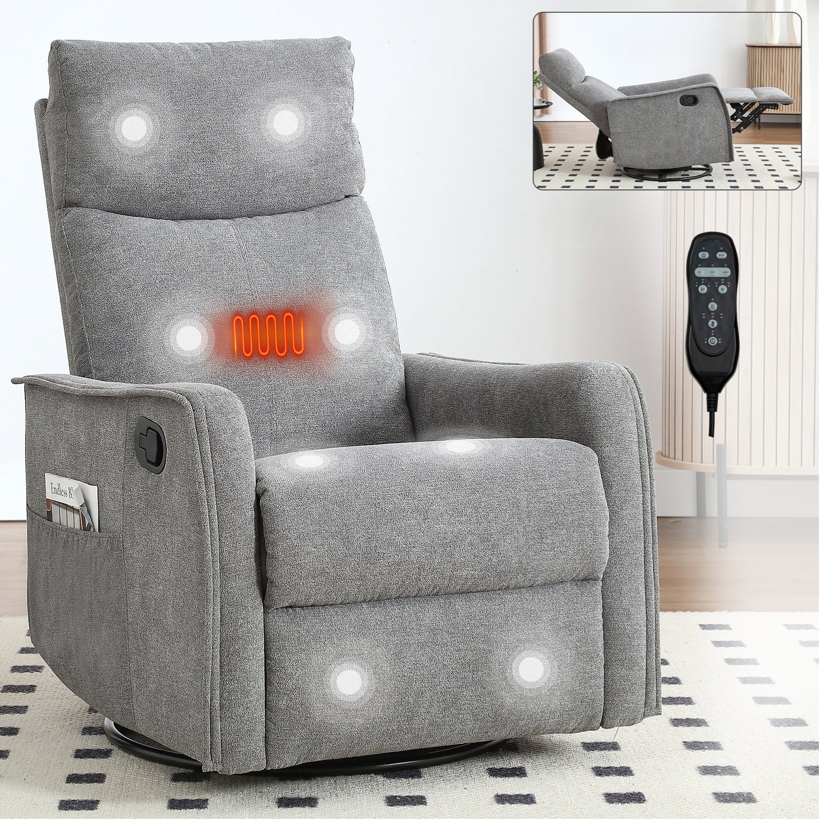 PAPROOS Heat Massage Recliner Chair, 360°Swivel Rocker Recliner Chair, Home Theater Recliner with 2 Side Pockets, Push Back Recliner, Nursery Chair for Bedroom, Living Room