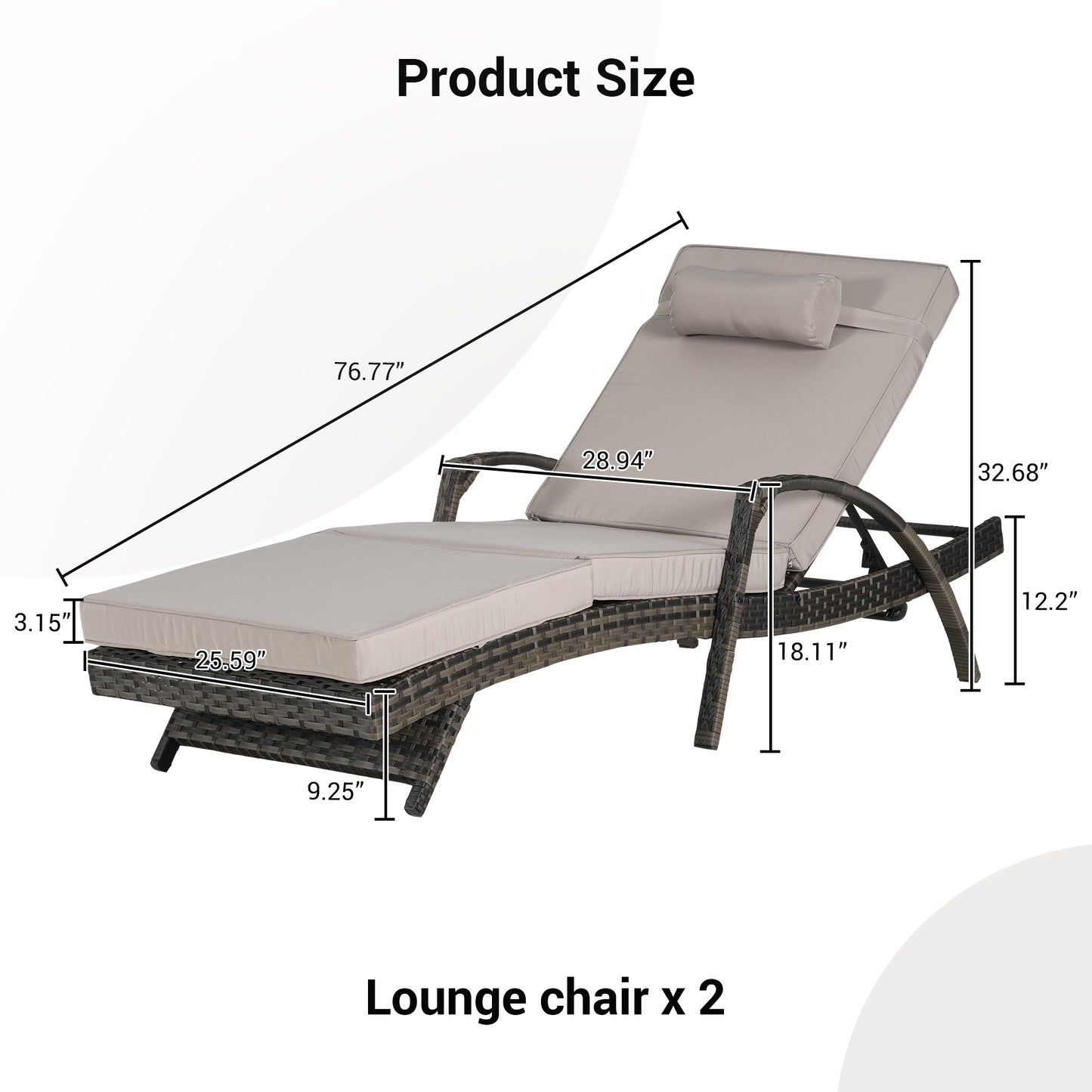 Outdoor Chaise Lounge Chair Set of 2, Rattan Patio Chaise Lounge Chair with Cushion and Arms, Modern 5-Positions Adjustable Outdoor Lounger Recliner for Poolside, Garden, Backyard, Light Gray