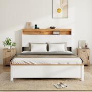 PAPROOS Queen Size Bed Frame, Wood Platform Bed Frame with Storage Headboard and Charging Station, Farmhouse Bed Frame with LED Light, Metal Slat Support, Holds 800 lb, No Box Spring Needed, White