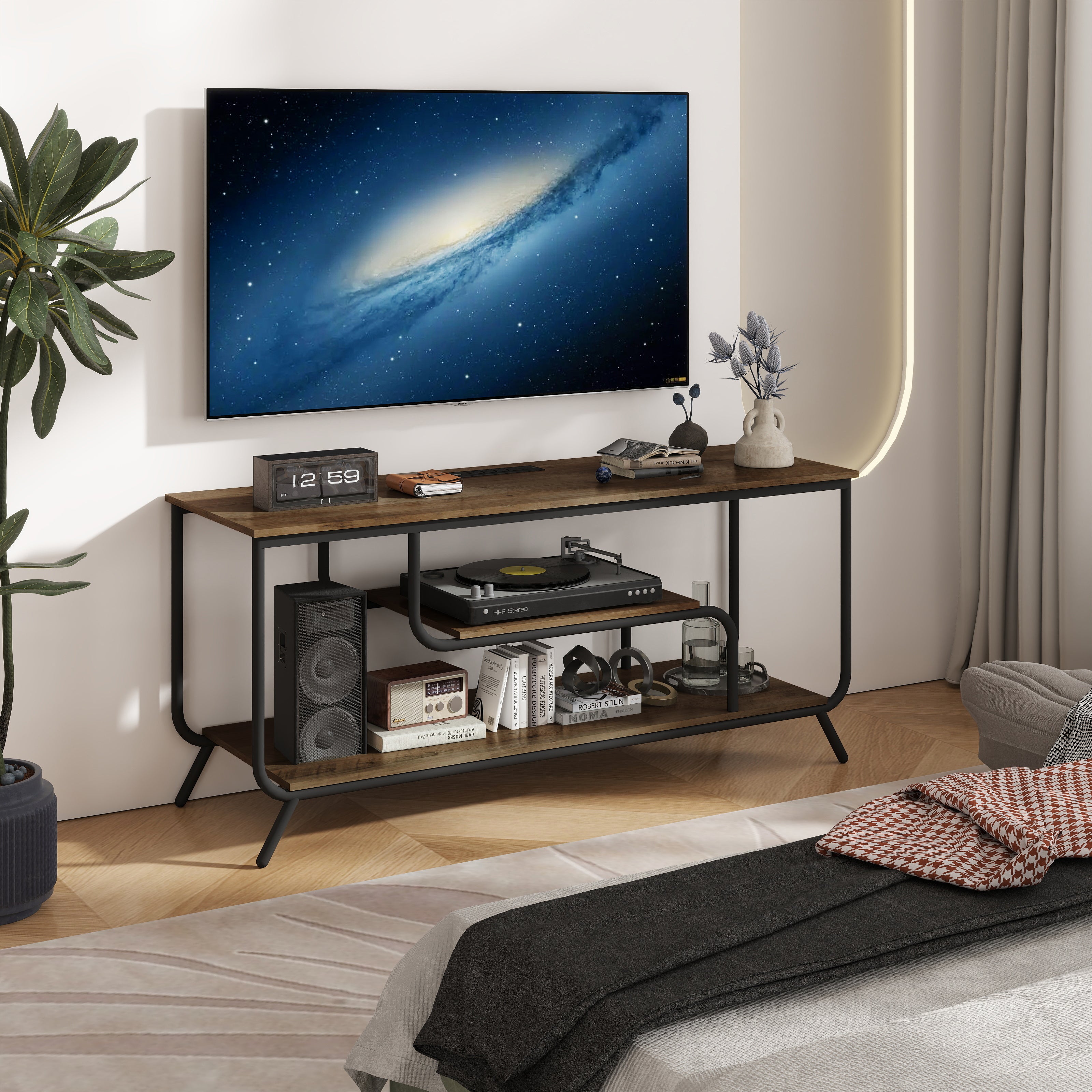 PAPROOS LED TV Stand for 55 Inch TV, Entertainment Center with Power Outlets, TV Cabinet with 2 Open Storage Shelves and Metal Frame, Media Console Table for Living Room, Office