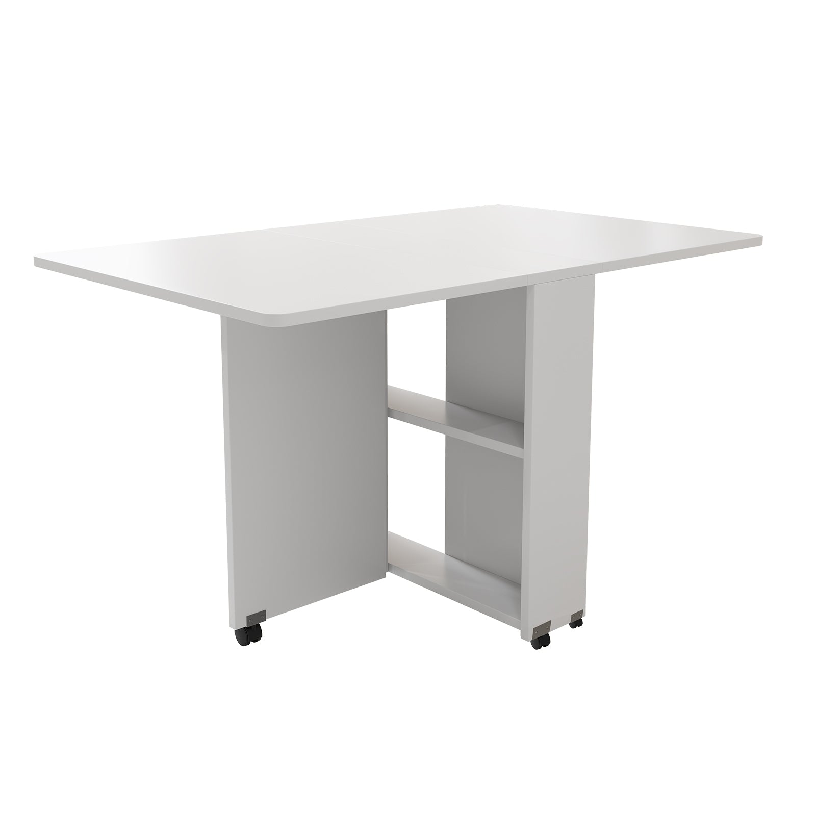 PAPROOS Folding Dining Table, 47'' Drop Leaf Dining Table with Storage Shelves & Wheels, Space Saving Kitchen Table with Marble-color, Expandable Dining Room Table, White