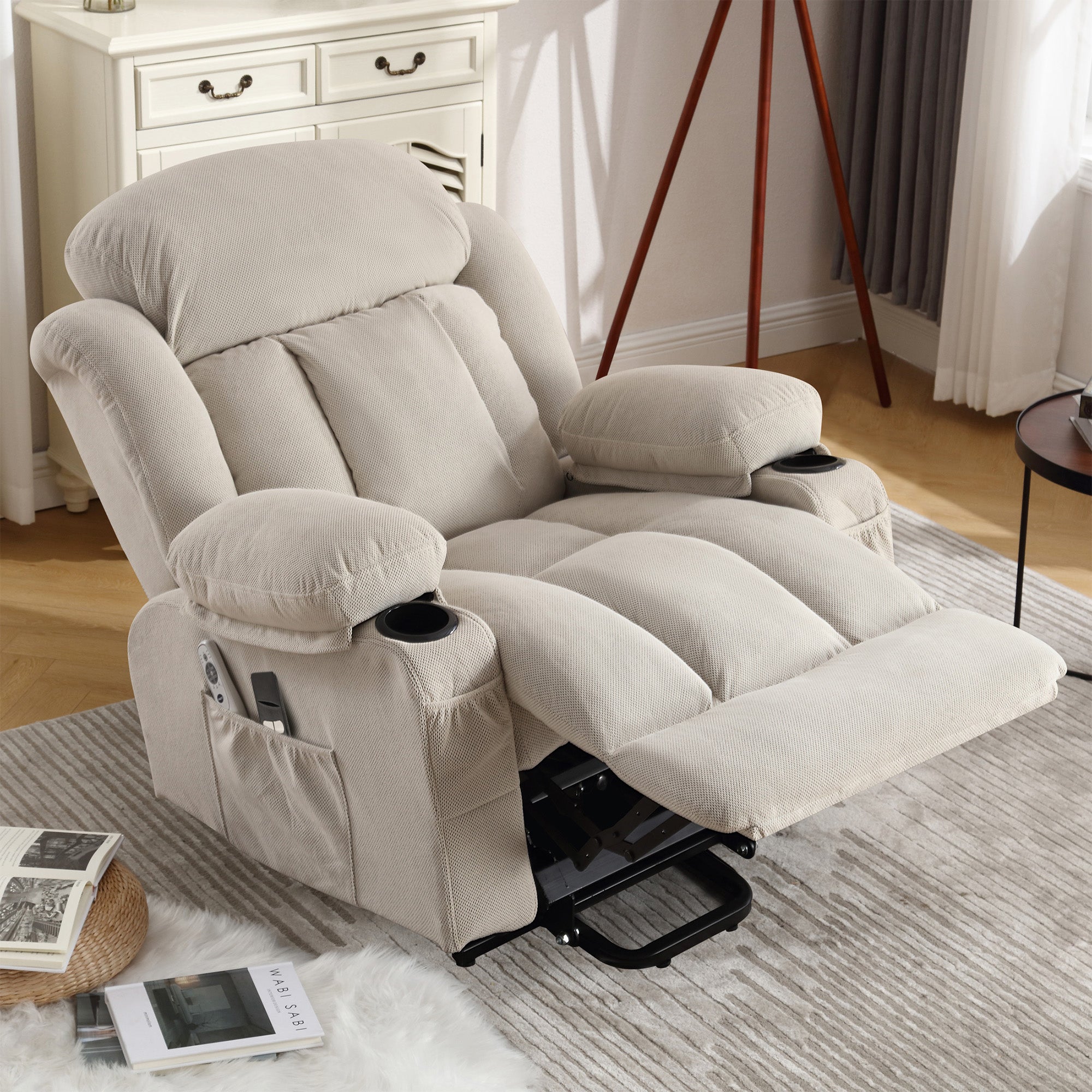 PAPROOS Power Lift Recliner Chair for Elderly with Heat and Massage, Electric Velvet Lift Chair with USB Port, Side Pockets and Cup Holders, Remote Control Recliner for Living Room, Brown