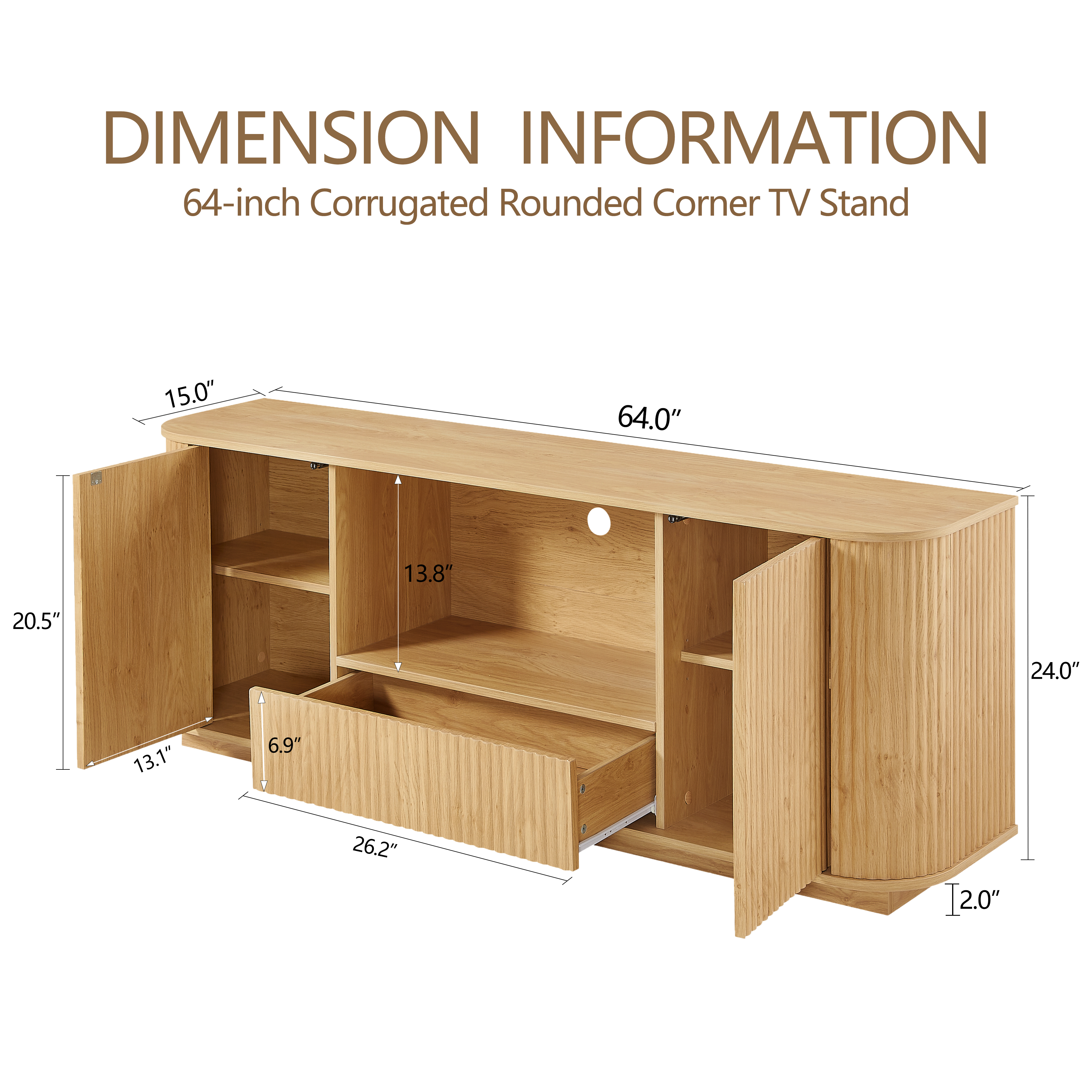 PAPROOS 2-Pieces TV Stand for 70 Inch TV, 64" Entertainment Center with Storage Cabinet, Fluted Sideboard, Accent Cabinet with 1 Drawer and 2 Doors for Kitchen, Dining Living Room