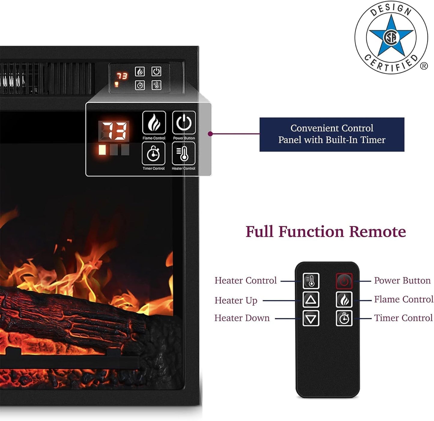 23 Inch Electric Fireplace Insert Heater, PAPROOS Freestanding & Recessed Fireplace Heater with Log Set, Realistic Flame, Electric Fireplace without Control, 1400W, Antique Black