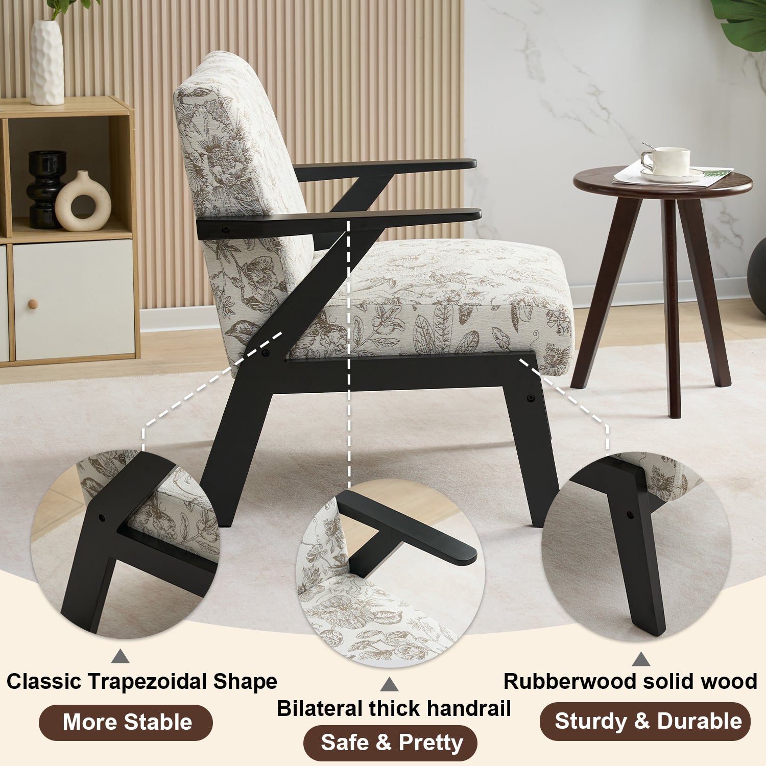 PAPROOS Mid-Century Modern Accent Chair, Fabric Upholstered Arm Chair with Wood Frame, Comfy Reading Lounge Arm Chair for Living Room Bedroom, Floral