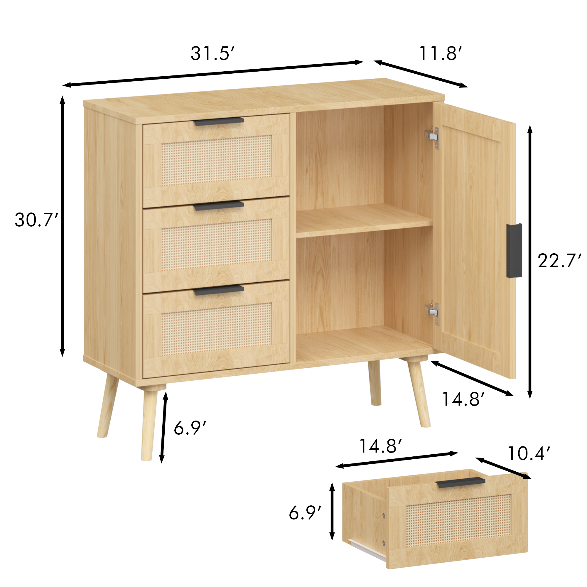 PAPROOS Drawer Dresser, Wood Rattan Dresser for Bedroom with 3 Drawers and Door, Modern Chest of Drawer with Handle and Shelf, Storage Cabinet for Bedroom, Living Room, Hallway, Natural