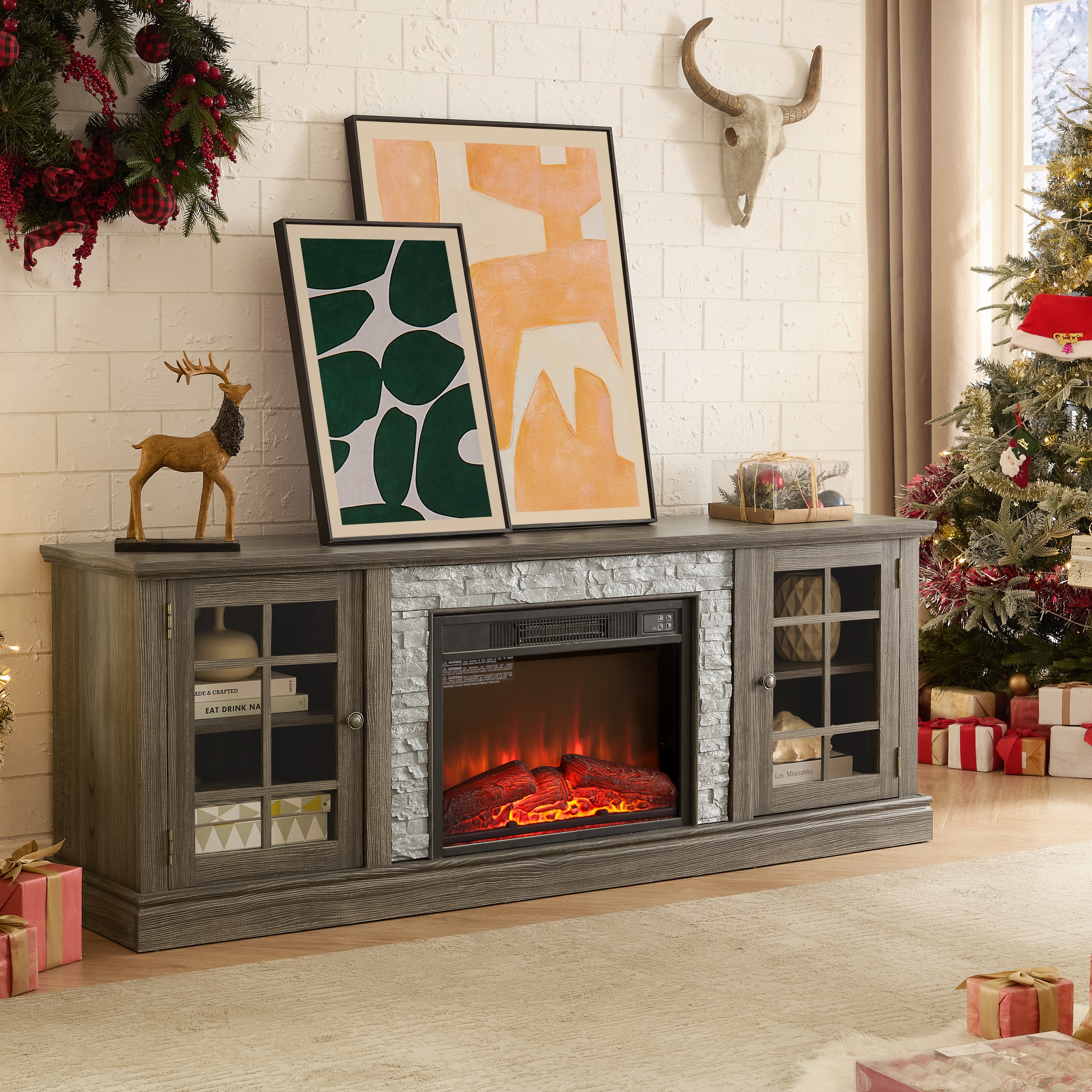 PAPROOS 70" Fireplace TV Stand for TVs up to 75" with 23" Electric Fireplace, Large Entertainment Center with 2-Door Storage, Modern Television Table Center for Living Room, White
