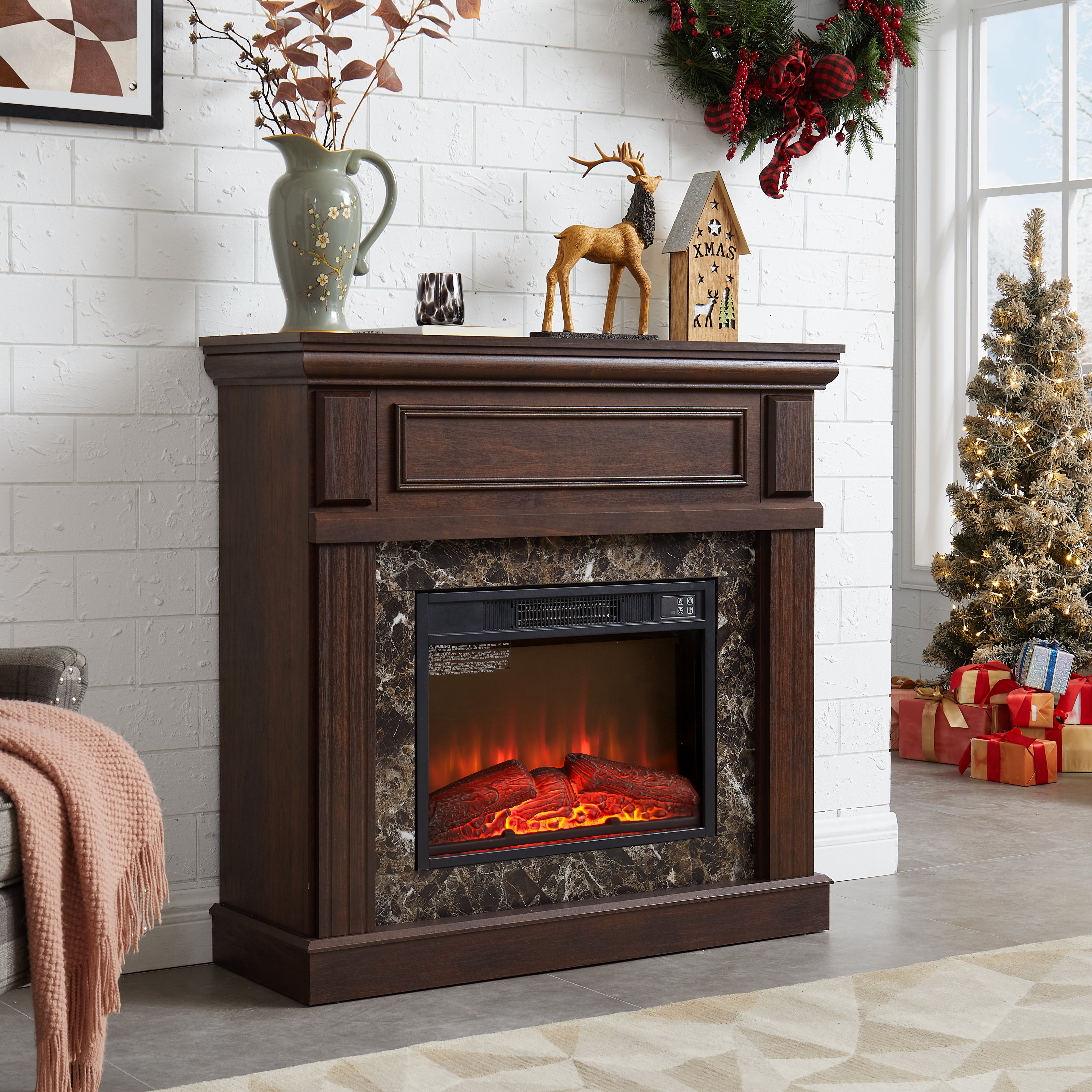 41''W Electric Fireplace with Mantel, 23'' Freestanding Fireplace Heater with Remote Control & Adjustable Flame, TV Stand for 42 inch TV, Living Room Bedroom, 1400W
