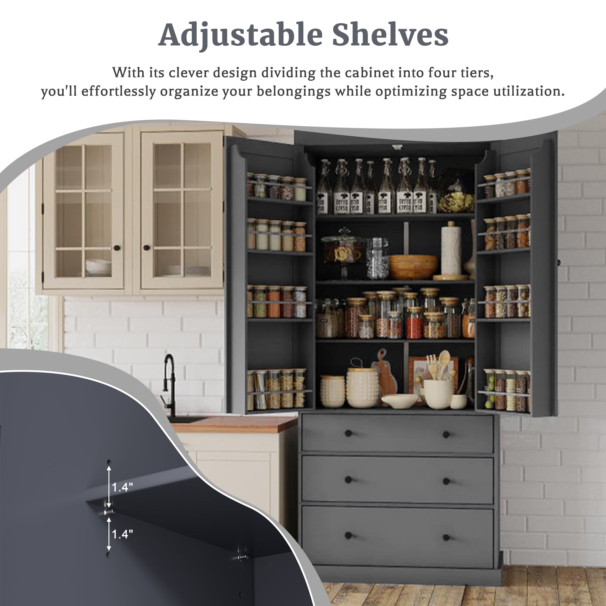 PAPROOS 77" Tall Pantry Cabinet, Wood Kitchen Pantry Storage Cabinet with 3 Drawers, 2 Doors, Farmhouse Cupboard Storage with 3 Adjustable Shelves, 8 Door Shelves for Dining Room, Craft Room, White