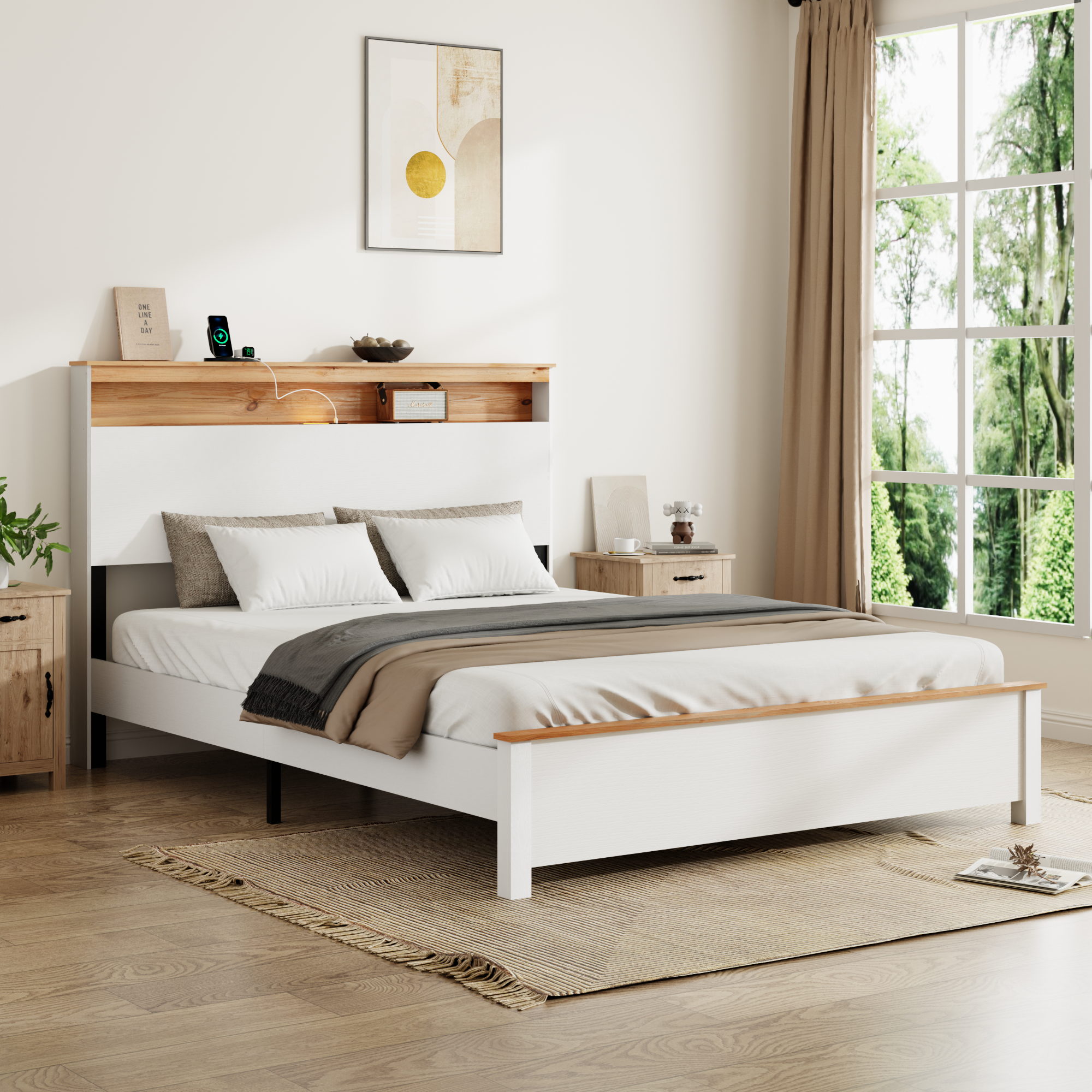 PAPROOS Queen Size Bed Frame, Wood Platform Bed Frame with Storage Headboard and Charging Station, Farmhouse Bed Frame with LED Light, Metal Slat Support, Holds 800 lb, No Box Spring Needed, White