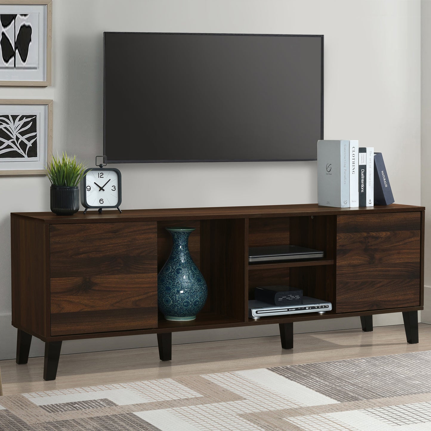 PAPROOS TV Stand for 70 inch tv, Mid Century Entertainment Center with Storage Cabinets, TV Cabinet with Open Shelves, Media Console Table with Doors for Living Room, Office