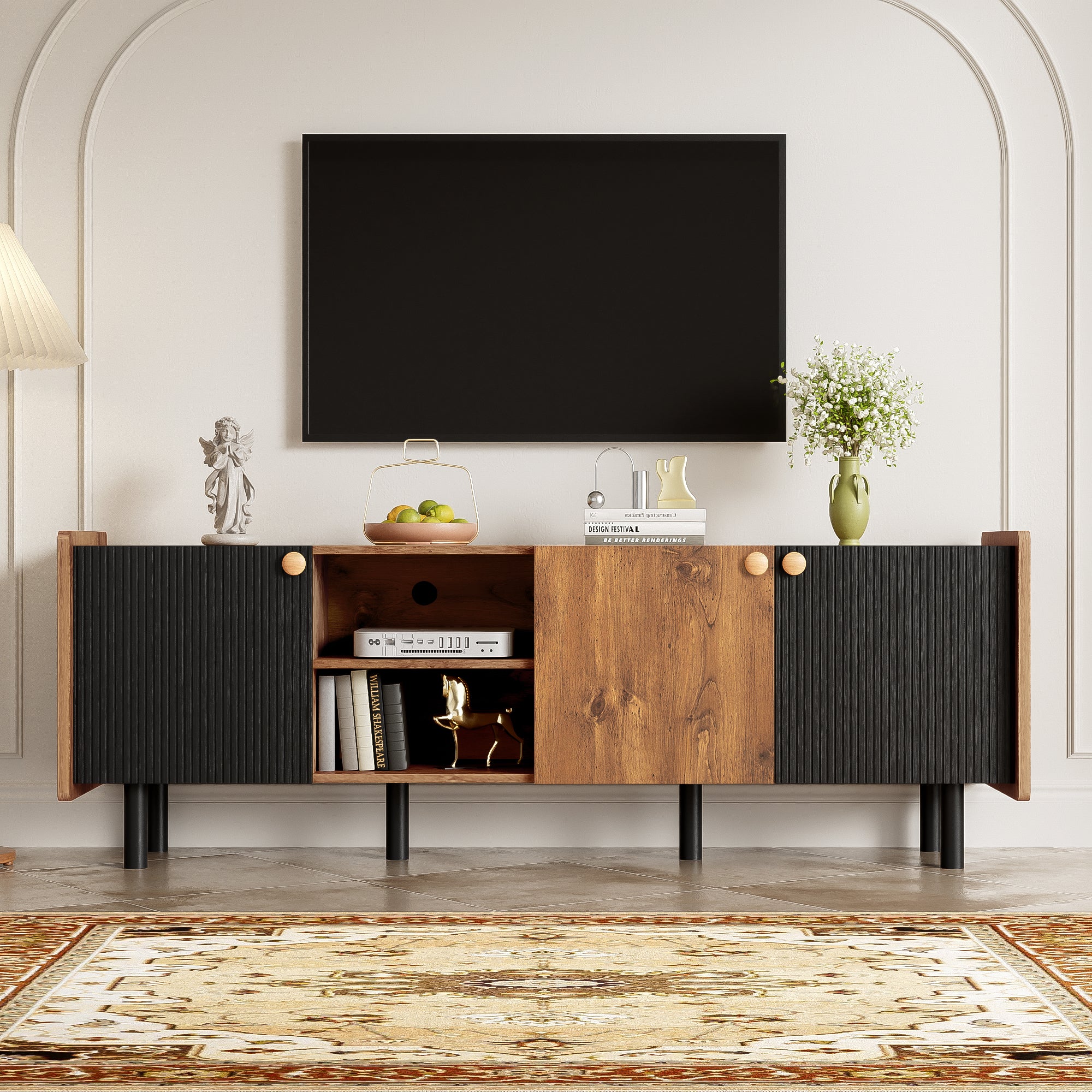 PAPROOS TV Stand for 70 inch tv, Mid Century Entertainment Center with Storage Cabinets, TV Cabinet with Open Shelves, Media Console Table with Doors for Living Room, Office