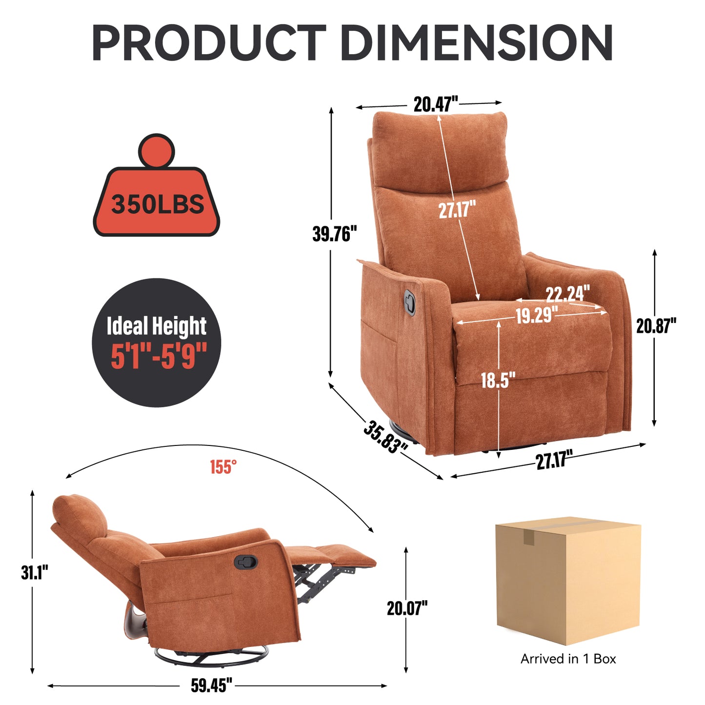 PAPROOS Heat Massage Recliner Chair, 360°Swivel Rocker Recliner Chair, Home Theater Recliner with 2 Side Pockets, Push Back Recliner, Nursery Chair for Bedroom, Living Room