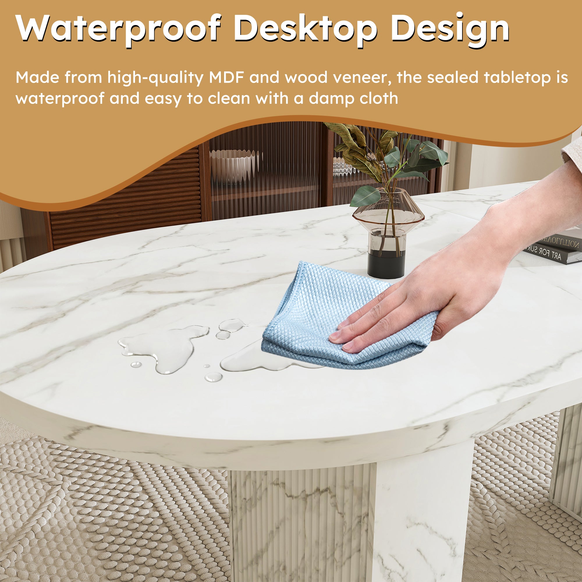 63inch Oval Dining Table for 4-6, Paproos Kitchen Table with Marble-Color Wood Waterproof Tabletop, Wooden Strip Base, Wood Dining Room Table for Office Dining Living Room, White(Only Table)